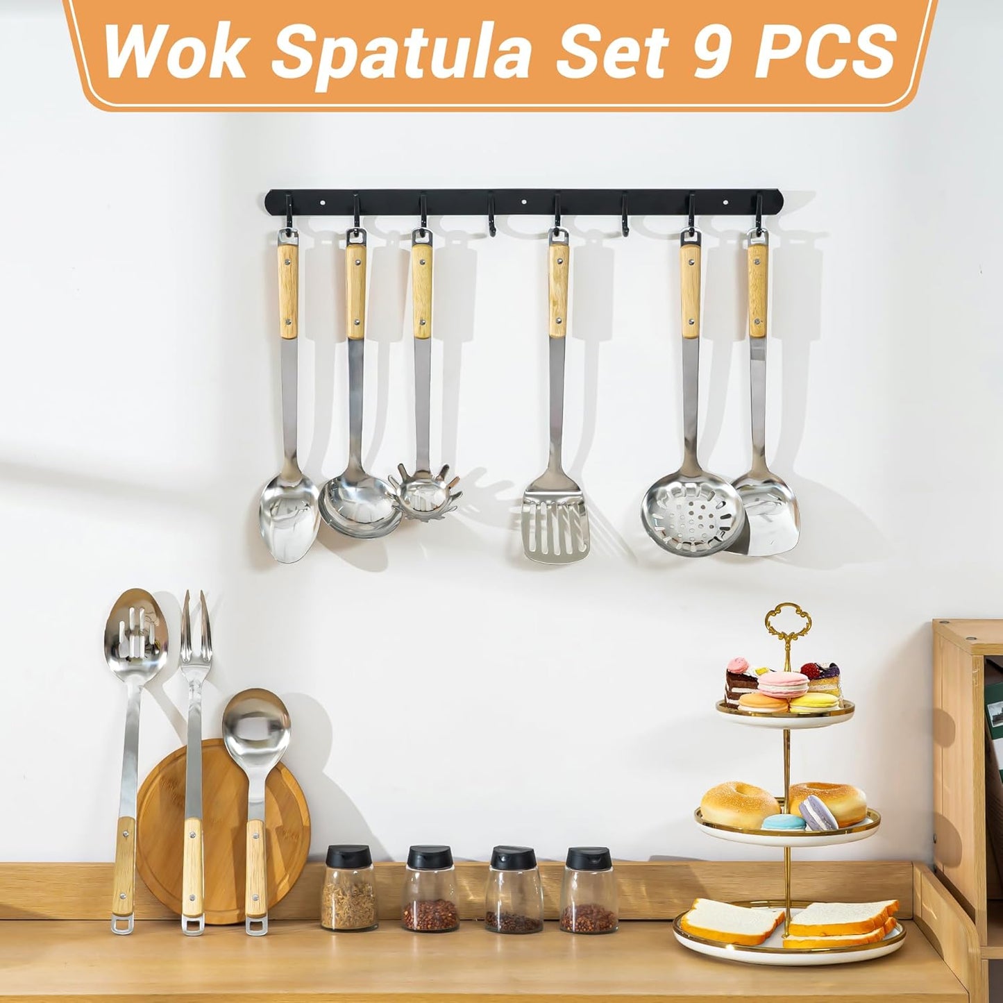 FJNATINH Cooking Utensils Set with Wood Handle, 9 Pieces Wok Utensils Tools - Wok Accessories Cookware Set