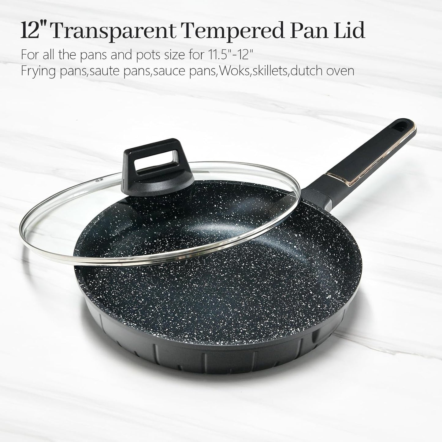 12 In Glass Lid for Frying Pan, Tempered Replacement Cover Compatible with All 12 inches Cookware for Skillets, Round Cast Iron, Cast Aluminium, Stainless Steel Pans &Pots