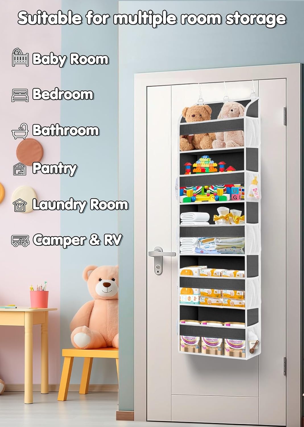 1 Pack Over The Door Organizer Storage, Hanging Organizer Closet with 5 Large Pockets 10 Mesh Pockets, 44 lbs Weight Capacity, Behind Door Storage for Nursery Bedroom Bathroom (Dark Grey)