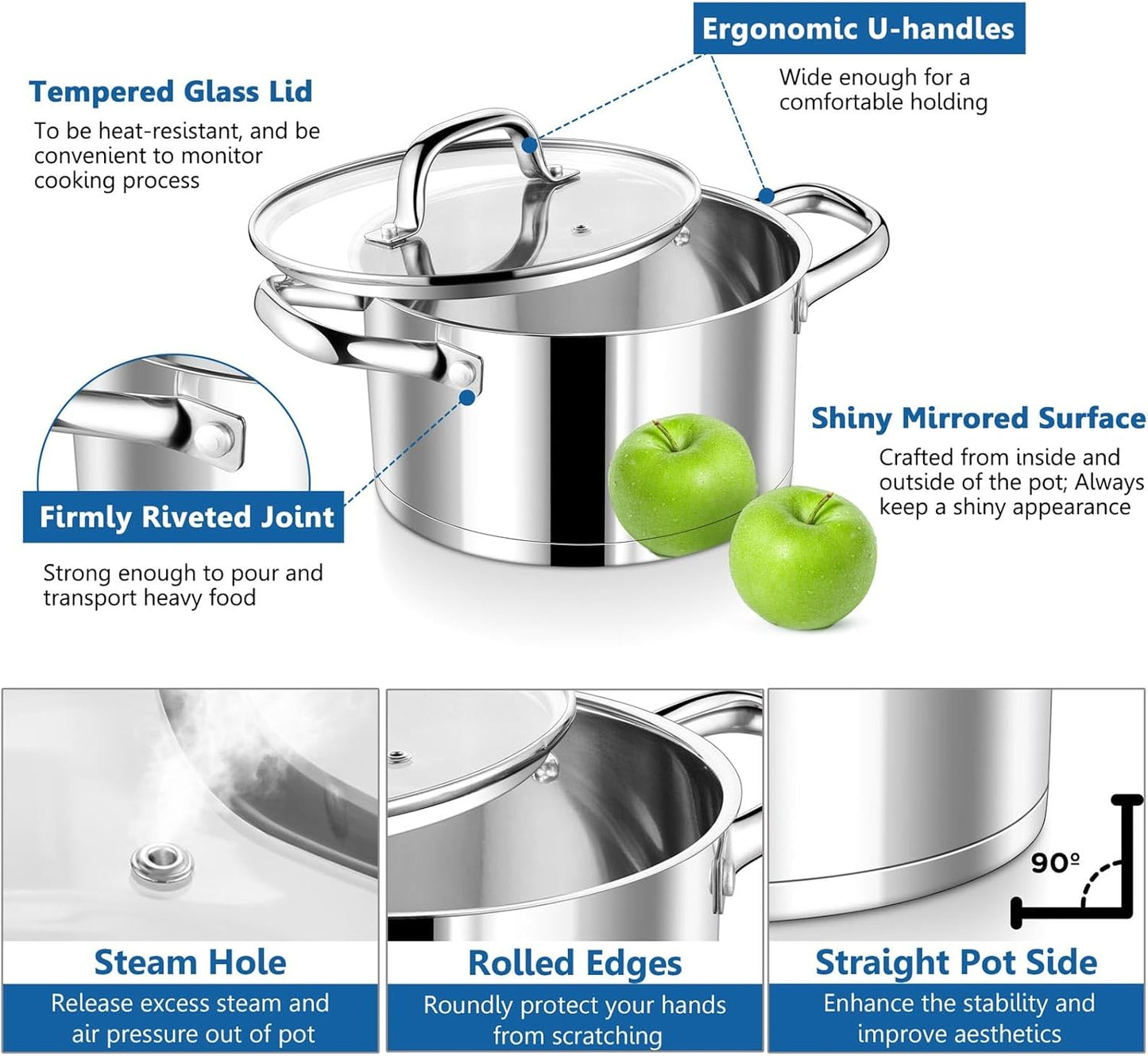 P&P CHEF 4 Quarts Cooking Stock Pot with Lid, Stainless Steel Stockpot Induction Pot for Soup, Tri-Ply Bottom & Clear Glass Lid & Double Handle, Dishwasher Safe