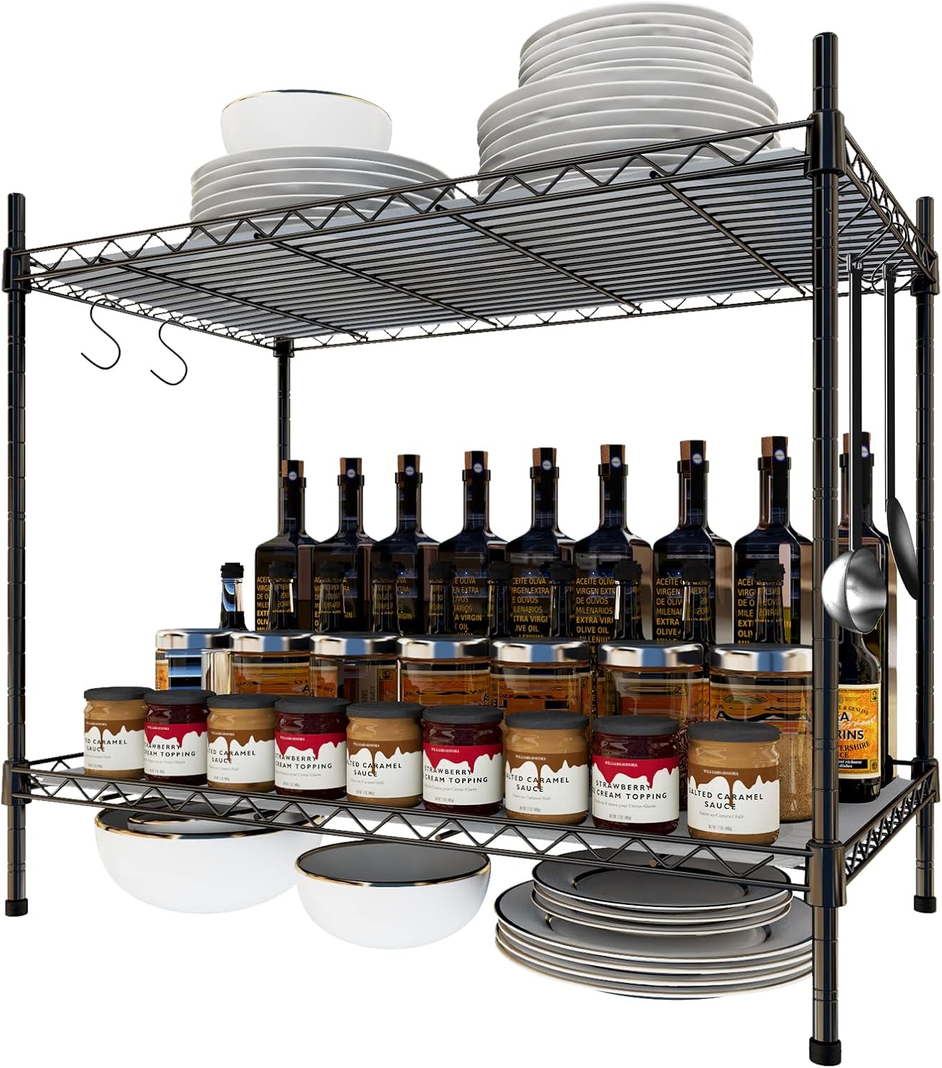 Spice Rack Organizer, Carbon Steel Seasoning Rack 2-Tier Spice Organizer for Cabinet, Adjustable Kitchen Countertop Organizer with Shelf Liner and Hooks for Kitchen Pantry Bathroom Office, Black