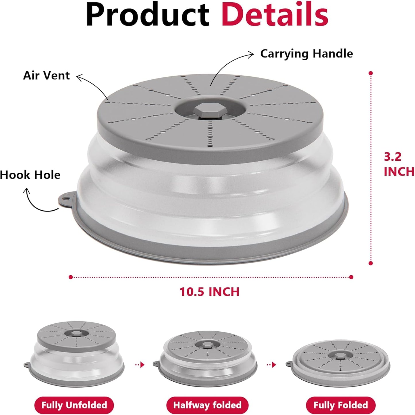 WVM Microwave Splatter Cover Vented for Food with Hook Hole, Splatter Guard & Colander Kitchen Gadget for Food, Meal Prep, Grey