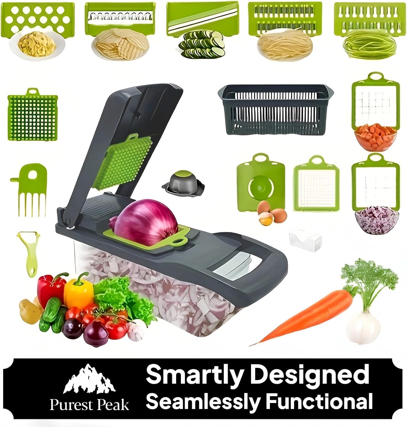 Vegetable Chopper with Container – 16-in-1 Food Dicer and Multi-Blade Cutter for Vegetables, Fruits, Cheese by Purest Peak