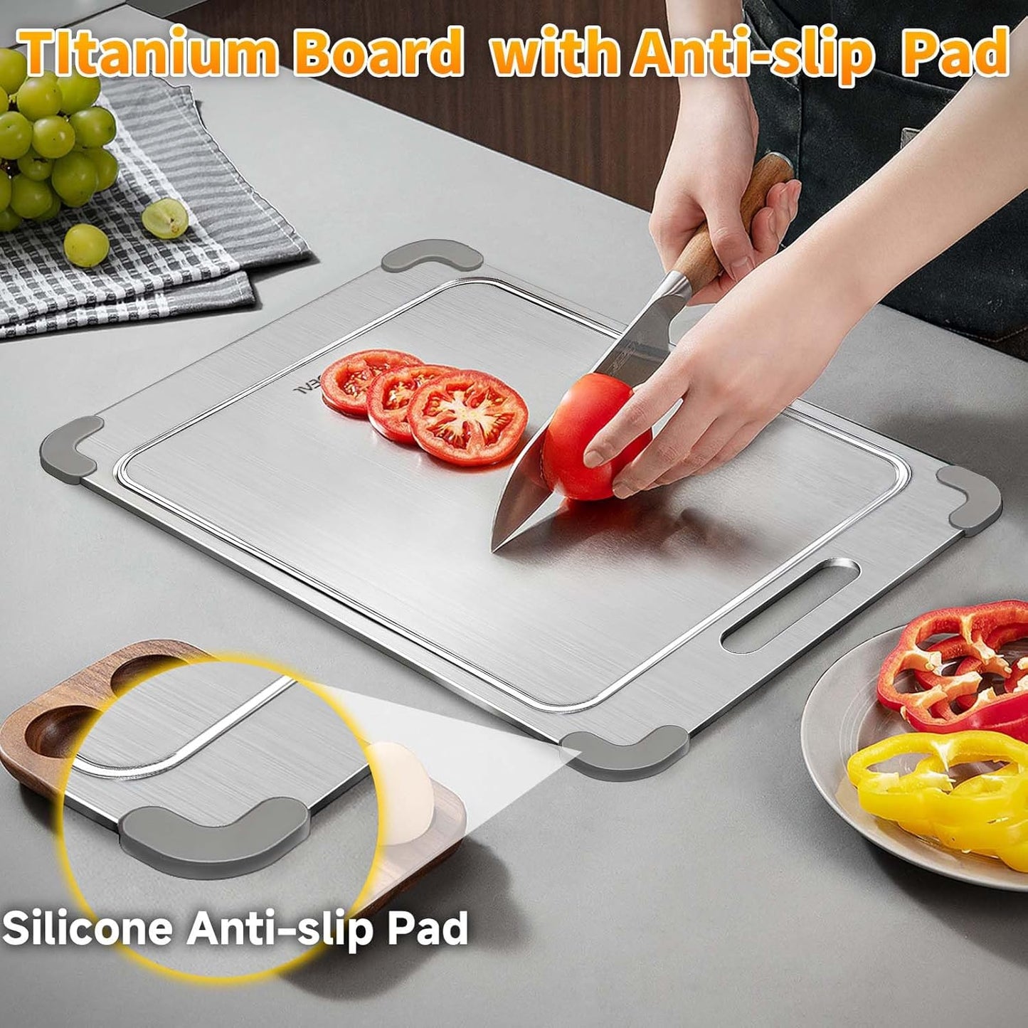 100% Pure Titanium Cutting Board with Grooves, Update Double Side Titanium Chopping Board, Silicone Anti-slip Stainless Cutting Boards for Kitchen 11 * 15 IN, Grey