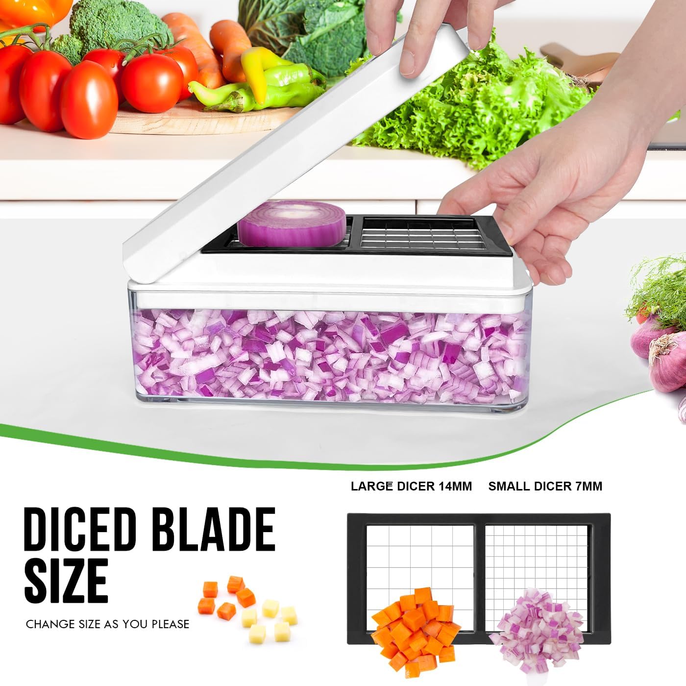 Vegetable Chopper, Onion Chopper Dicer, Mandoline Slicer, Food Chopper with Container, Vegetable Cutter for Salad Potato Carrot Garlic（2 Blades, White Black）
