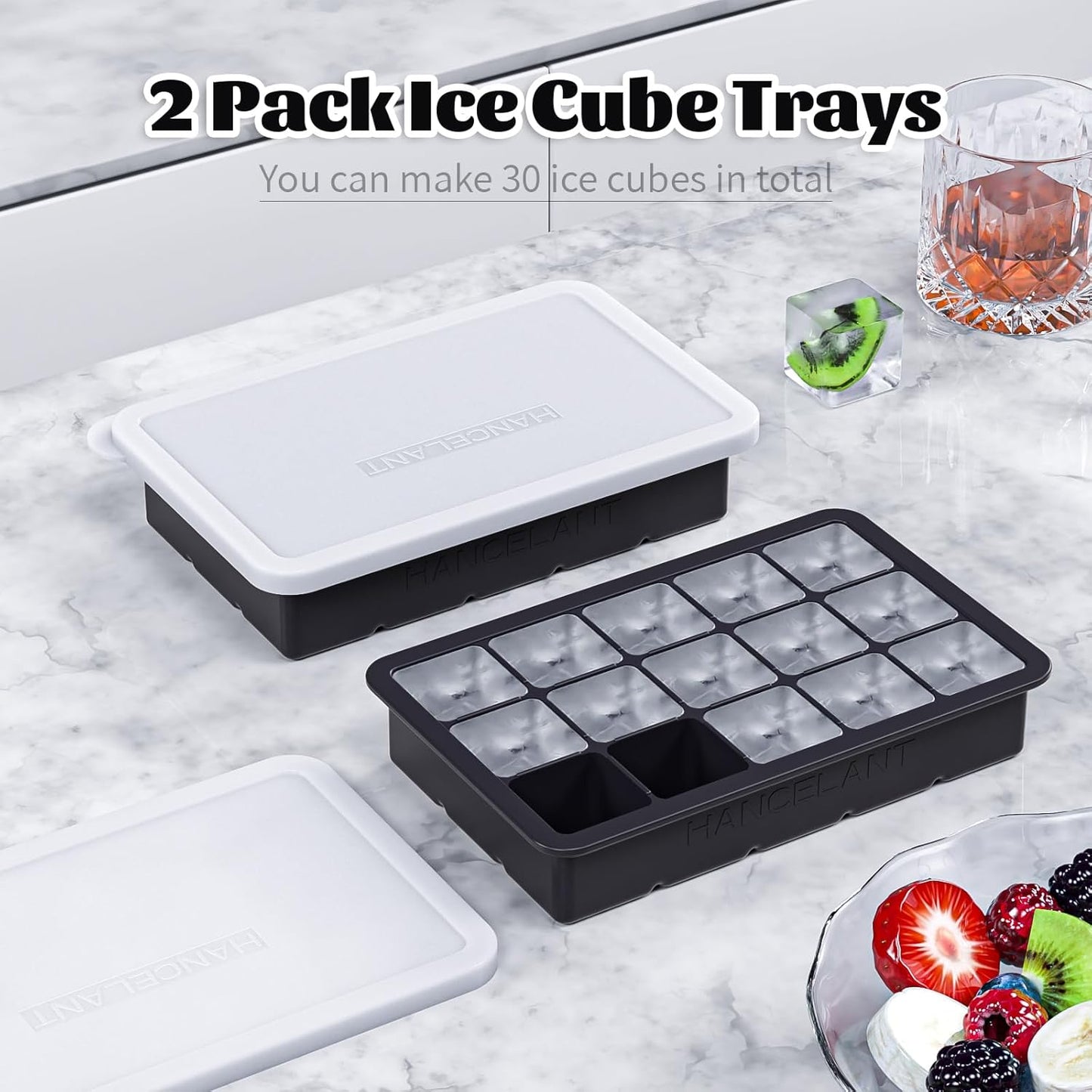 Silicone Ice Cube Tray 2 Pack, HANCELANT Ice Cube Mold, Ice Trays for Freezer with Lid for Whiskey, Baby Food, BPA Free, Easy Release