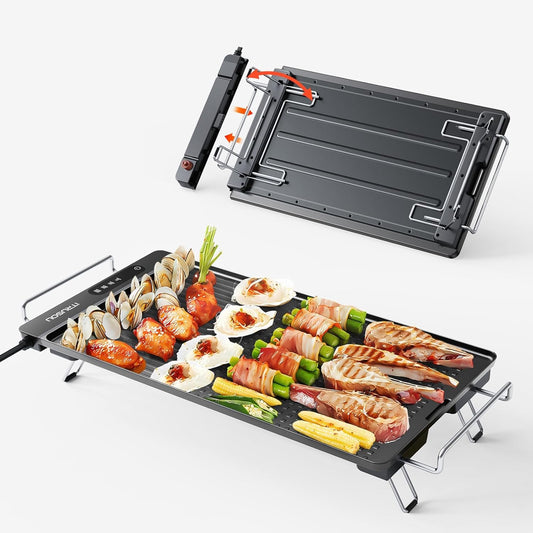 Electric Griddle with Removable Touch Panel, IPX9 Waterproof, Dishwasher-Safe, 1300W Fast Heating in 10S, 18x10" Die-Cast Nonstick Plate, Foldable Design for Family Use (4–8 People)