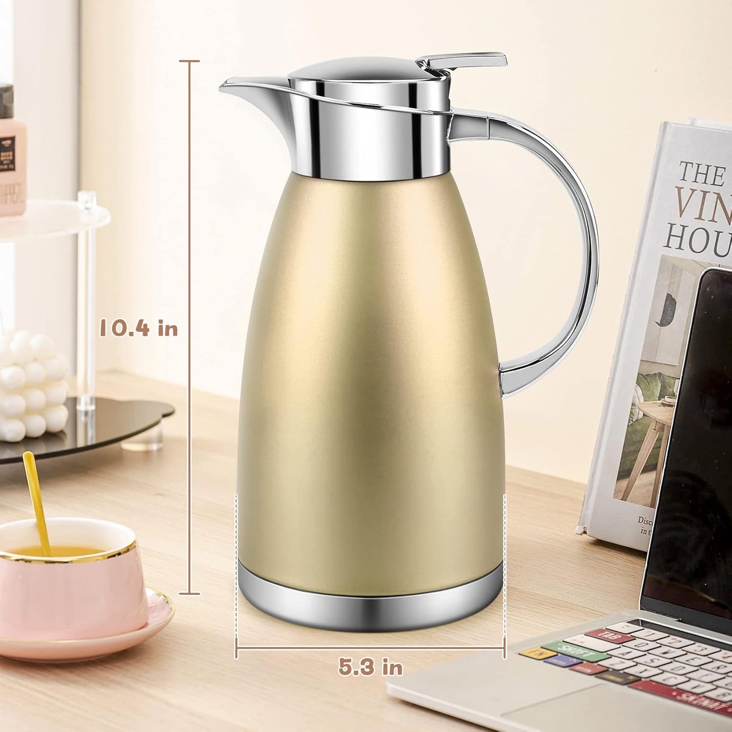 61oz Coffee Carafe Airpot Insulated Coffee Urn Stainless Steel Vacuum Thermal Pot Flask Dispenser for Coffee, Hot Water, Tea, Hot Beverage - Keep 12 Hours Hot, 24 Hours Cold (Gold)