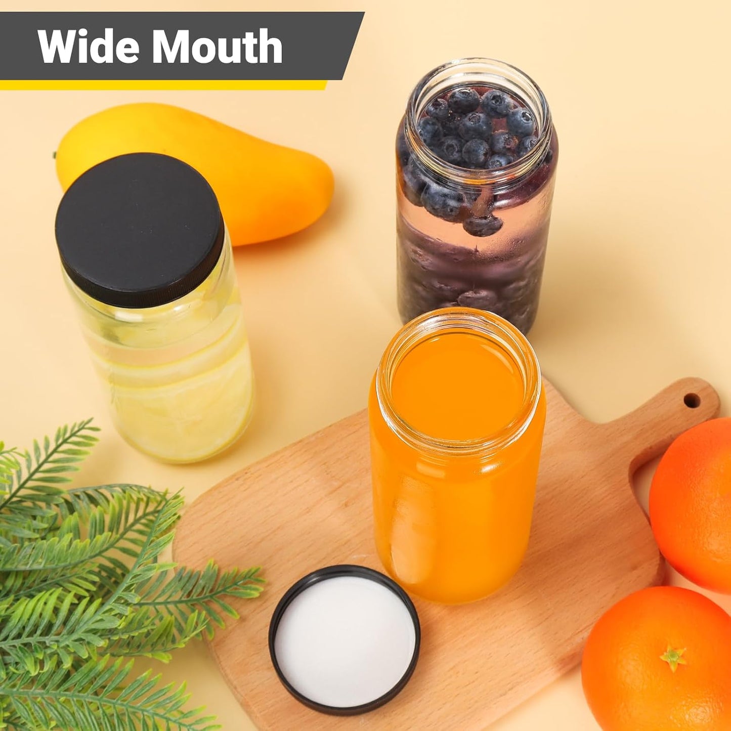 Keketin 16 oz Glass Juice Bottle with Airtight Lids,Set of 6 Wide Mouth Water Bottles for Beverages,500ML Reusable Empty Glass Drinking Jars for Juicing,Smoothies,Ginger and Milk