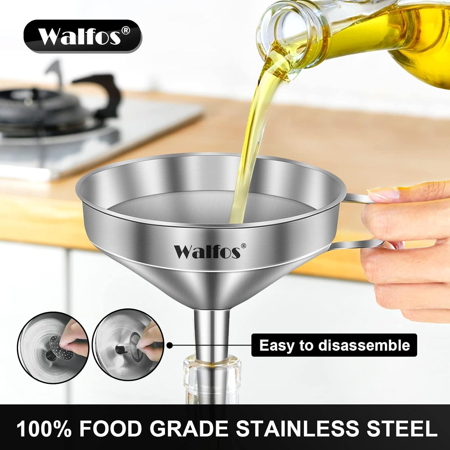 Walfos 3Pcs Kitchen Funnel with 2 Removable Strainer ＆ 1 Cleaning Brush & 1Pc 200 Mesh Food Filter Strainer, Food Grade Stainless Steel Funnel for Transferring of Liquid, Oils, Jam, Dry Ingredients