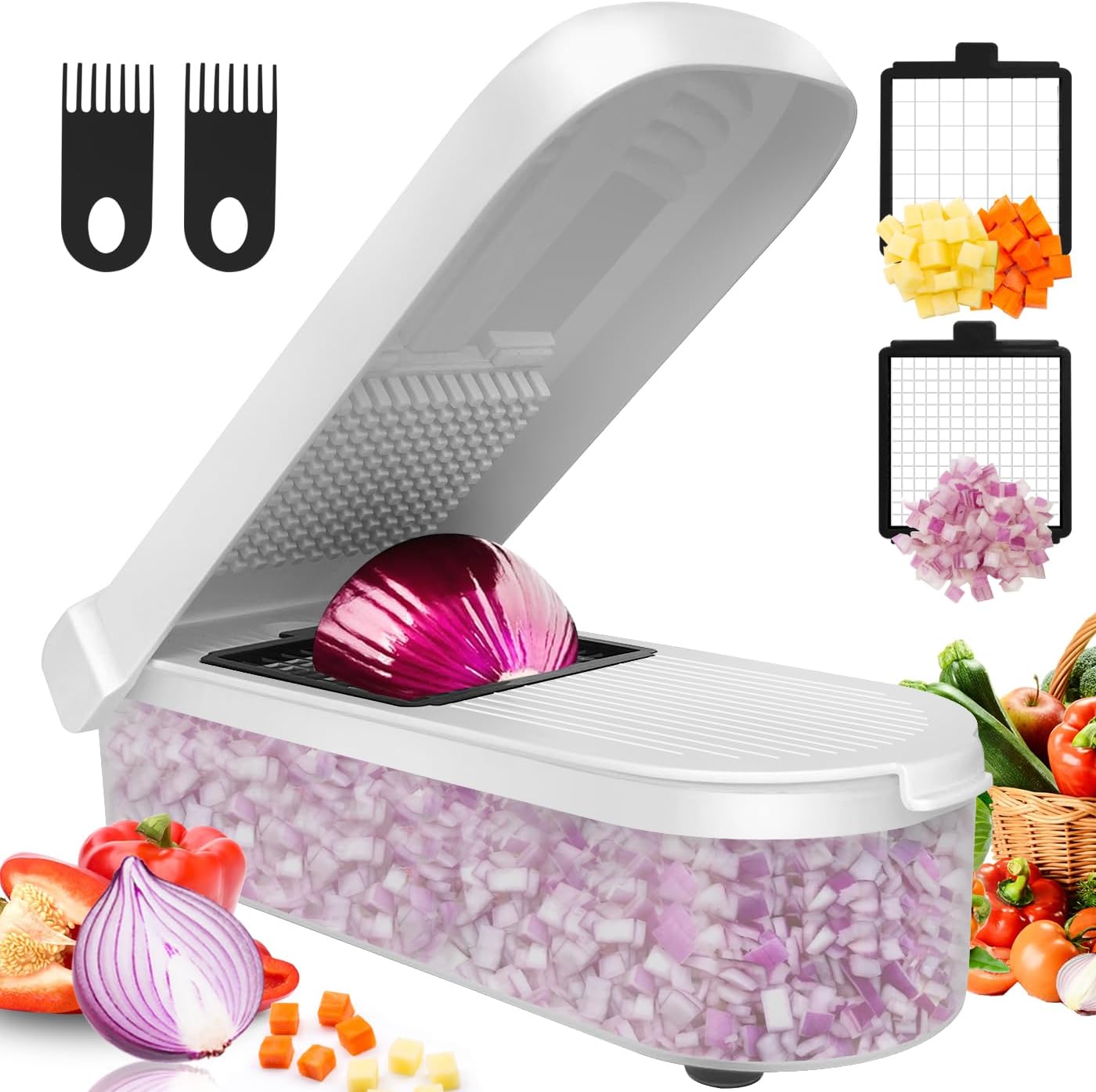 LHS Multifunctional Food Chopper - Onion, Vegetable Slicer Dicer Cutter, Potato Cutter - Veggie Chopper with Container (4 in 1, White)