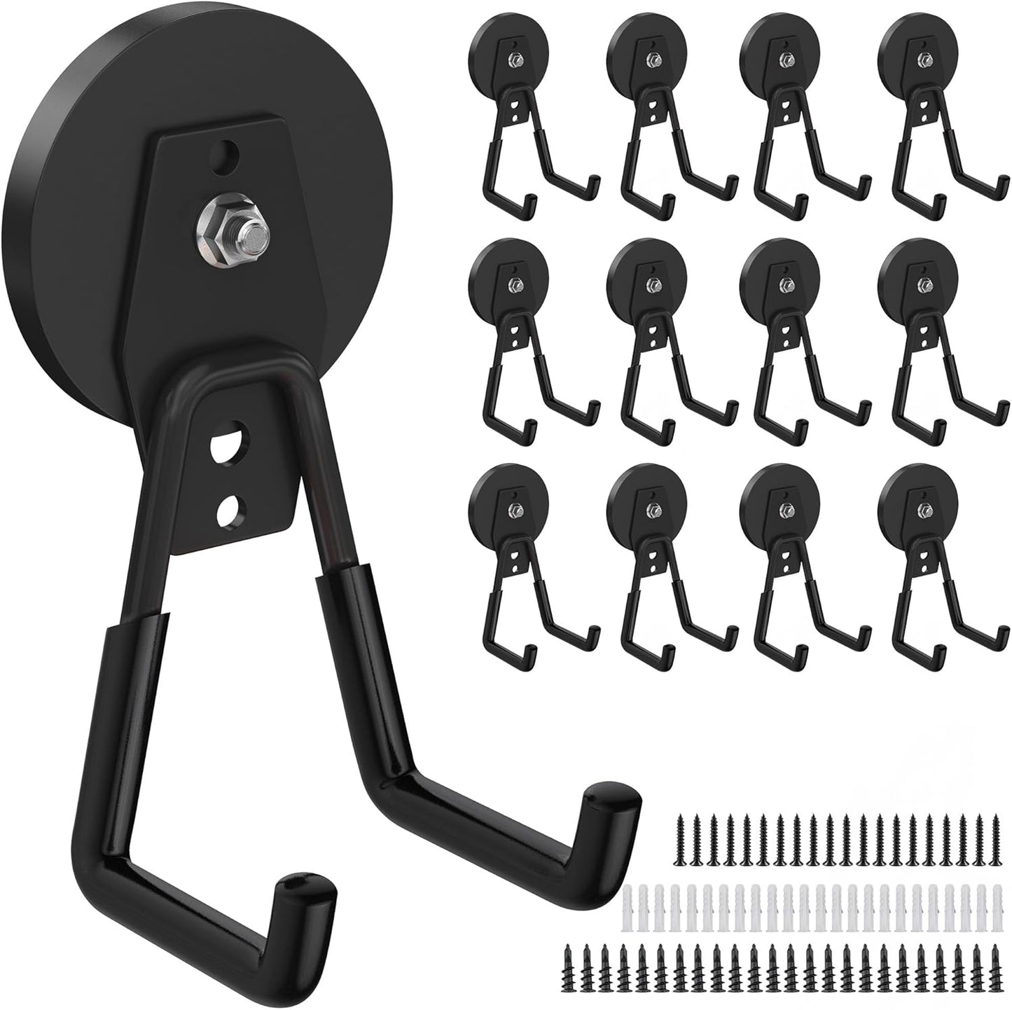 12 Pcs Magnetic Hooks Heavy Duty, Large Strong Magnetic Storage Hook for Hanging Garage Tool, 66mm Magnet Hooks with Anti-Slip Coating, Magnetic Holder for Power Drill/Metal Cabinet/Garden Tools