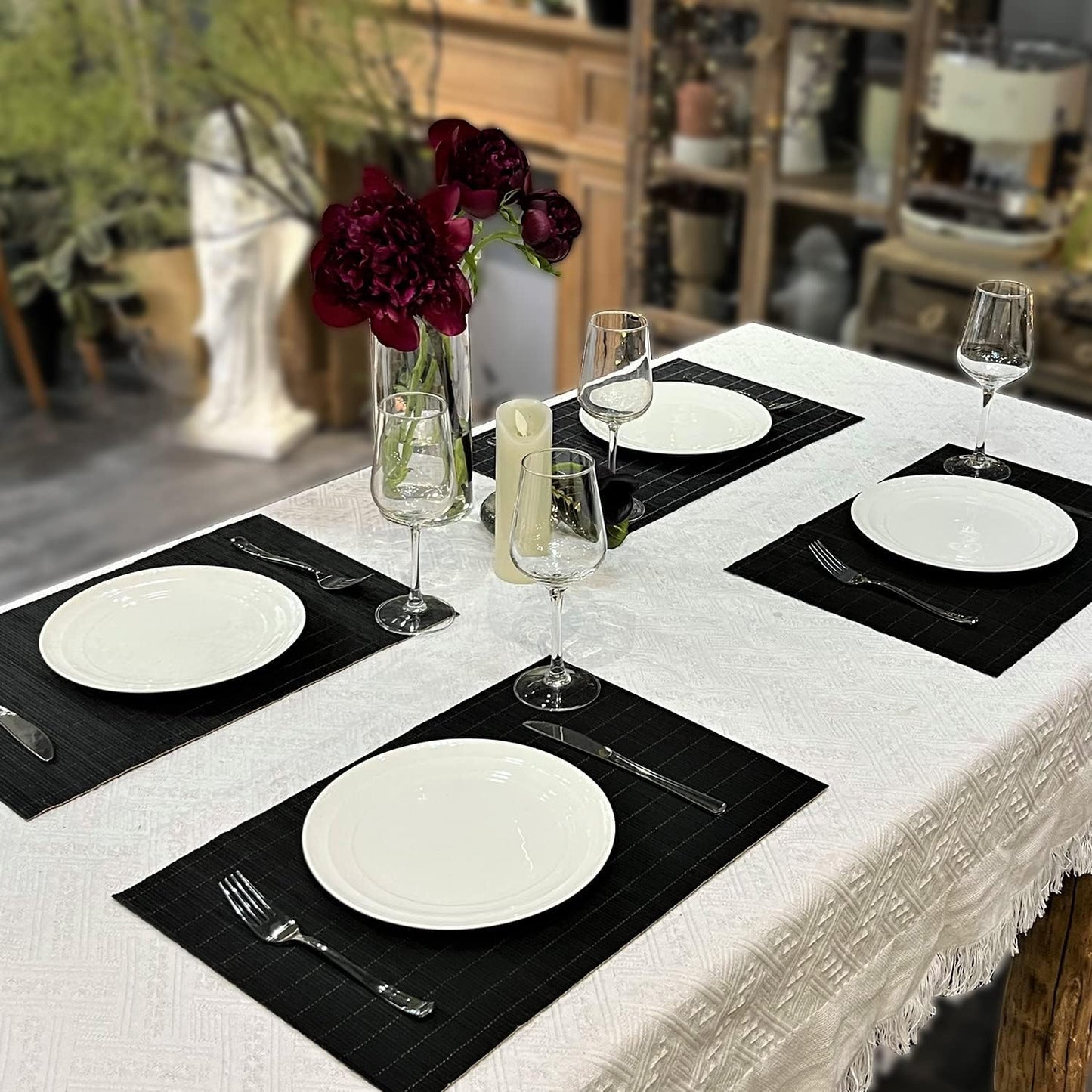 ANDSTAR Set of 8 Pcs Bamboo Placemats Sushi Rolling Mat Japanese Style Natural Anti-Slip Bamboo Placemats Washable Heat-Resistant Table Mats for Dining Room and Kitchen（Black）