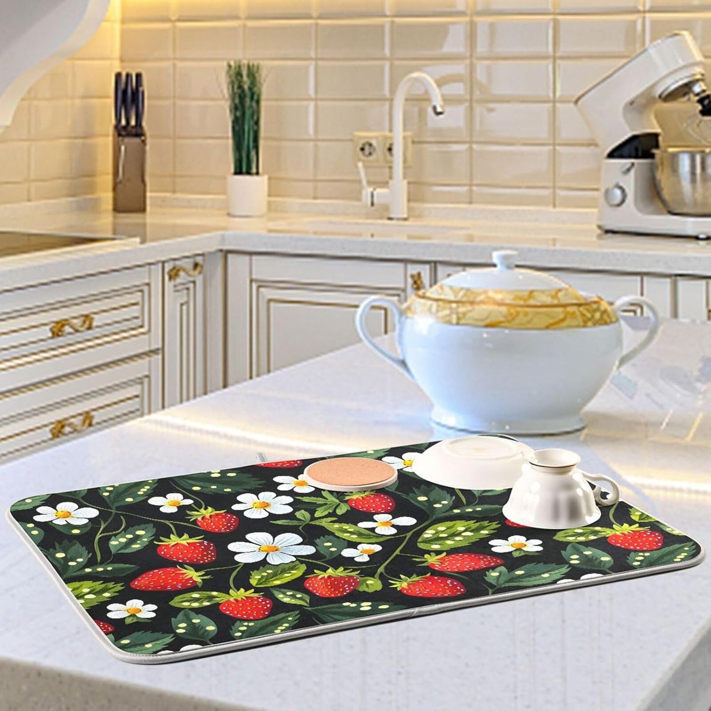 Strawberries White Flowers Dish Drying Mat for Kitchen Counter Absorbent Microfiber Drying Pad, Large 18x24 in, Reversible Drainer Mats