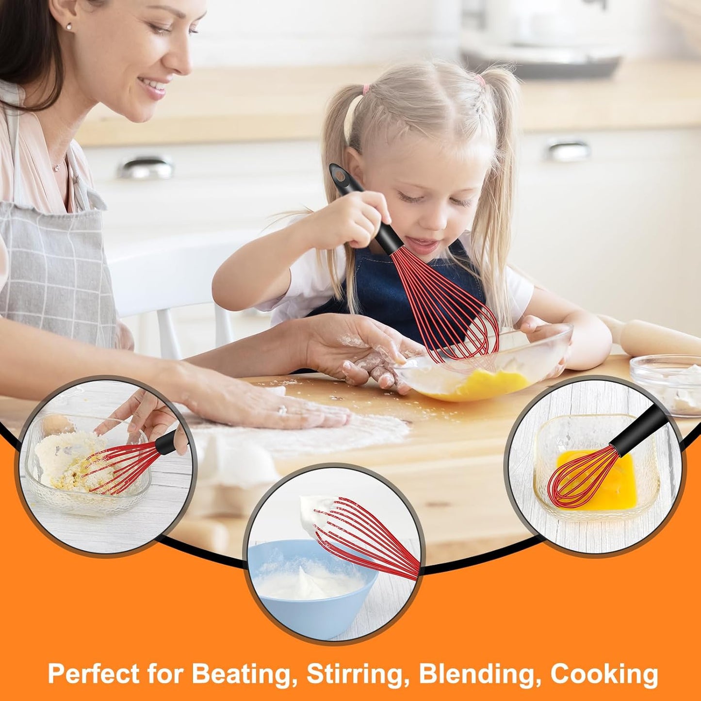HOTEC 4 Pieces Silicone Whisks Set, Wire Balloon Whisks Egg Beater, Non-slip Handle Whisk for Non-stick Cookware Perfect for Cooking, Stirring, Beating and Blending (Red)