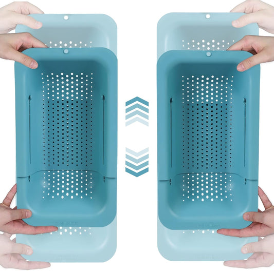 BLUE GINKGO Sink Colander Baskets - (Pack of 2) Wash Vegetables and Fruits, Drain Cooked Pasta and Dry Dishes - Extendable - New Home Kitchen Essentials (2 Teal)