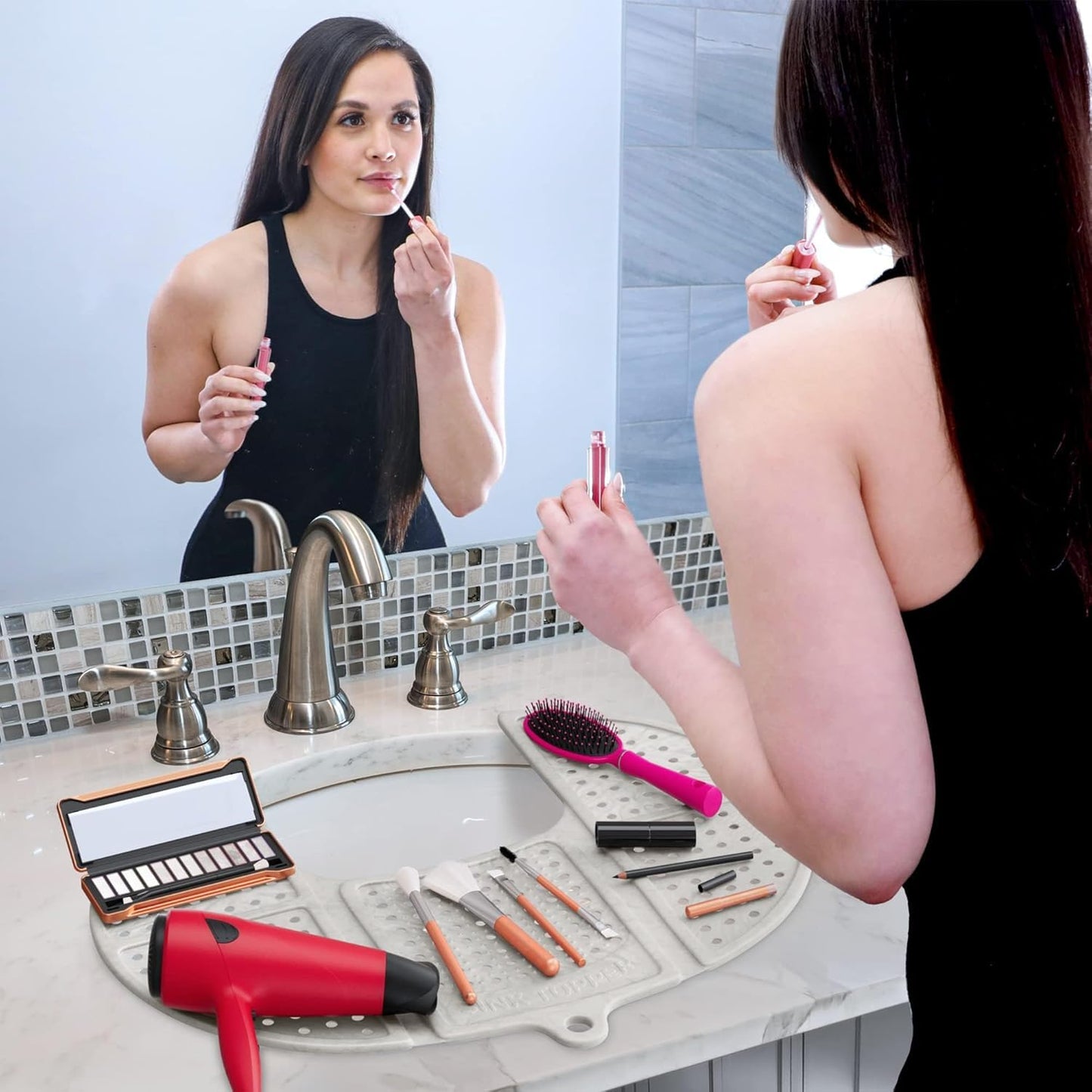 Sink Topper Bathroom Counter Cover & Storage Saver, Foldable Silicone Mat for Hot Tools, Hair Styling & Makeup, Beauty Brush Cleaning Mat, RV Camper Sink Cover & for Small Spaces (Large Pearl)