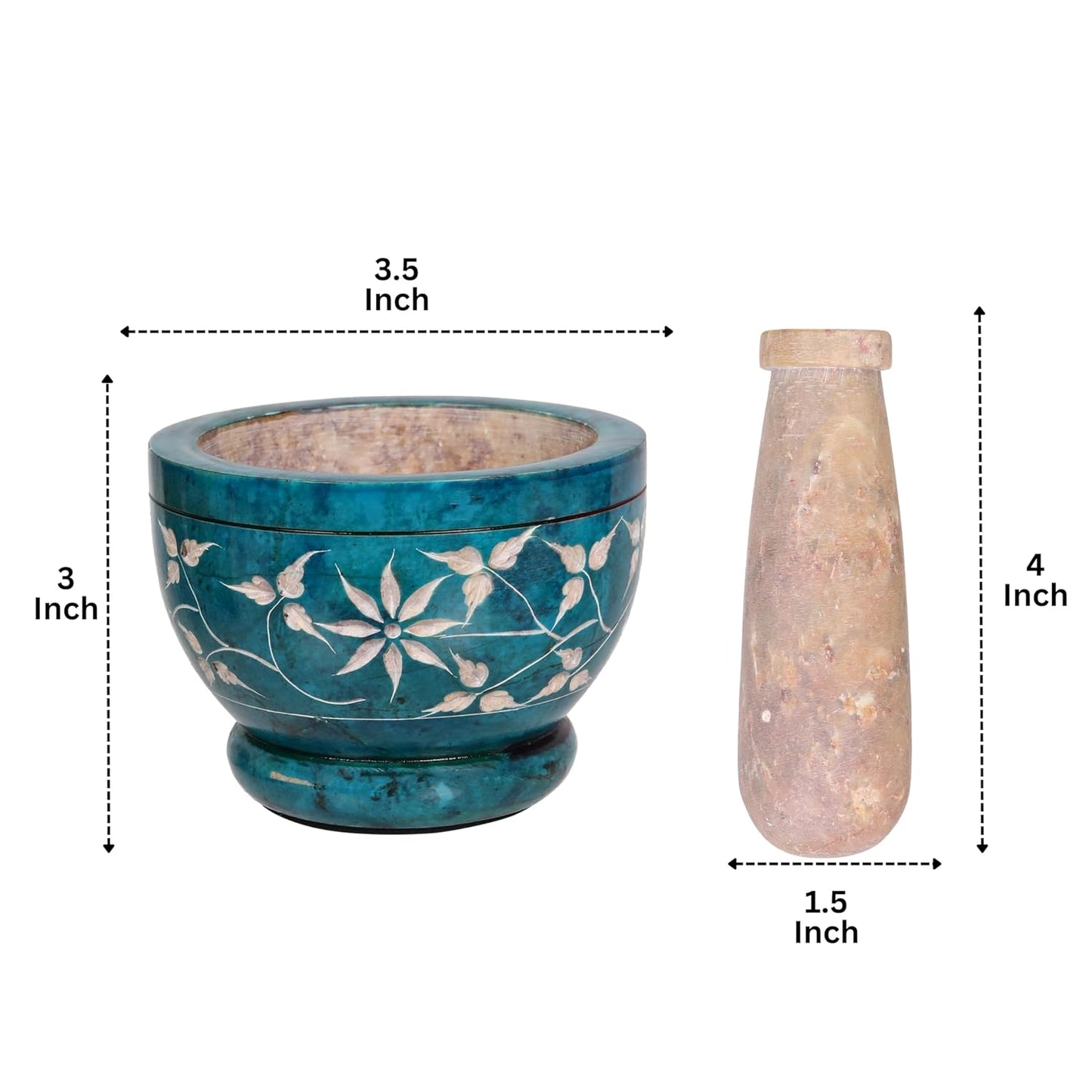 Mortar and Pestle, Made of Heavy Duty Polished Hard Stone, Natural Stone Grinder for Spices, Pastes, Herbs, Seasoning etc. (Turquoise Floral)