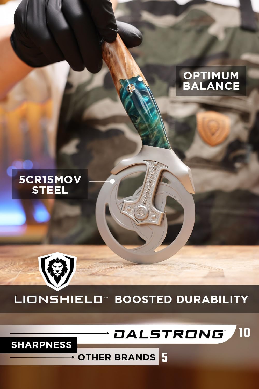 Dalstrong Pizza Wheel Cutter - Valhalla Series - The Orbit Razor - Heavy-Duty 5CR15MOV Stainless Steel - Resin & Wood Handle - Razor Sharp - Thumb Guard Protection & Blade Leather Sheath