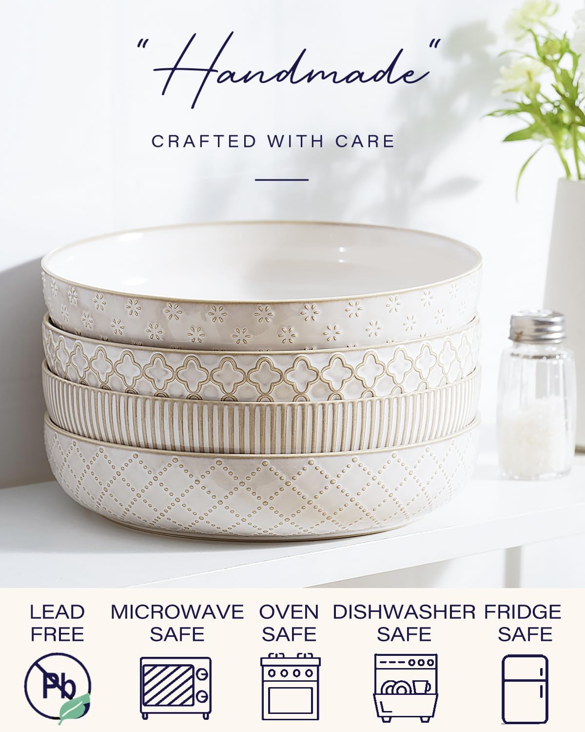 getstar Pasta Bowls, Large Salad Serving Bowls (8.2 inch/35 oz), Ceramic Bowl Plates Set of 4, Farmhouse Embossments, Microwave and Dishwasher Safe