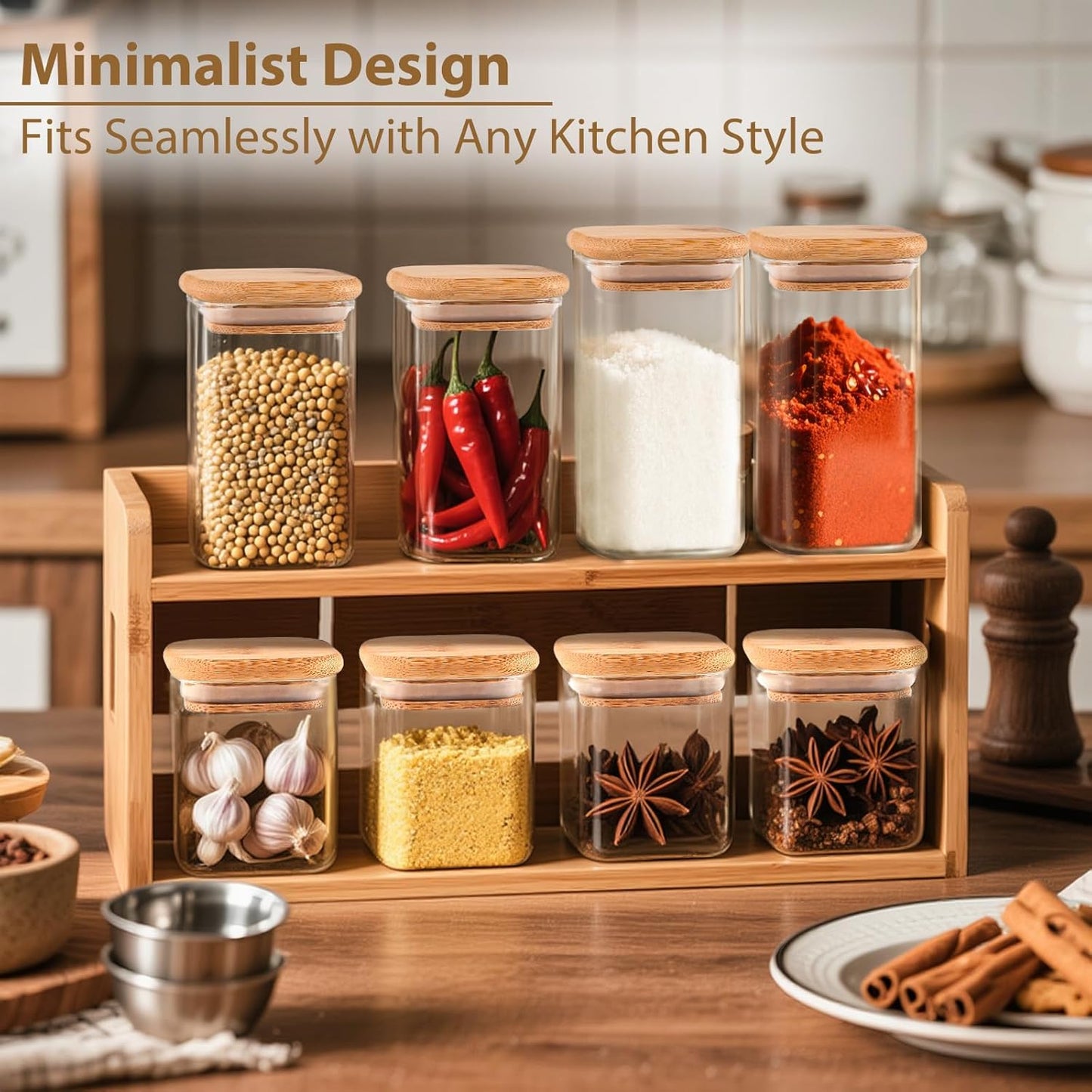 12 Pack 8 oz Square Glass Spice Jars with Lids and Labels – Airtight Small Spice Containers Set, Clear Glass Storage Jars for Seasoning, Spices, Kitchen Pantry Organization