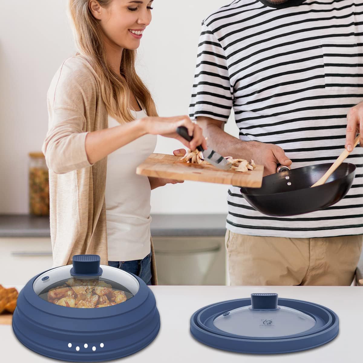 Microwave Splatter Cover Glass Cover Guard Lid with Collapsible Silicone for Food Pot Plate Cover 11.8 inch Dark Blue