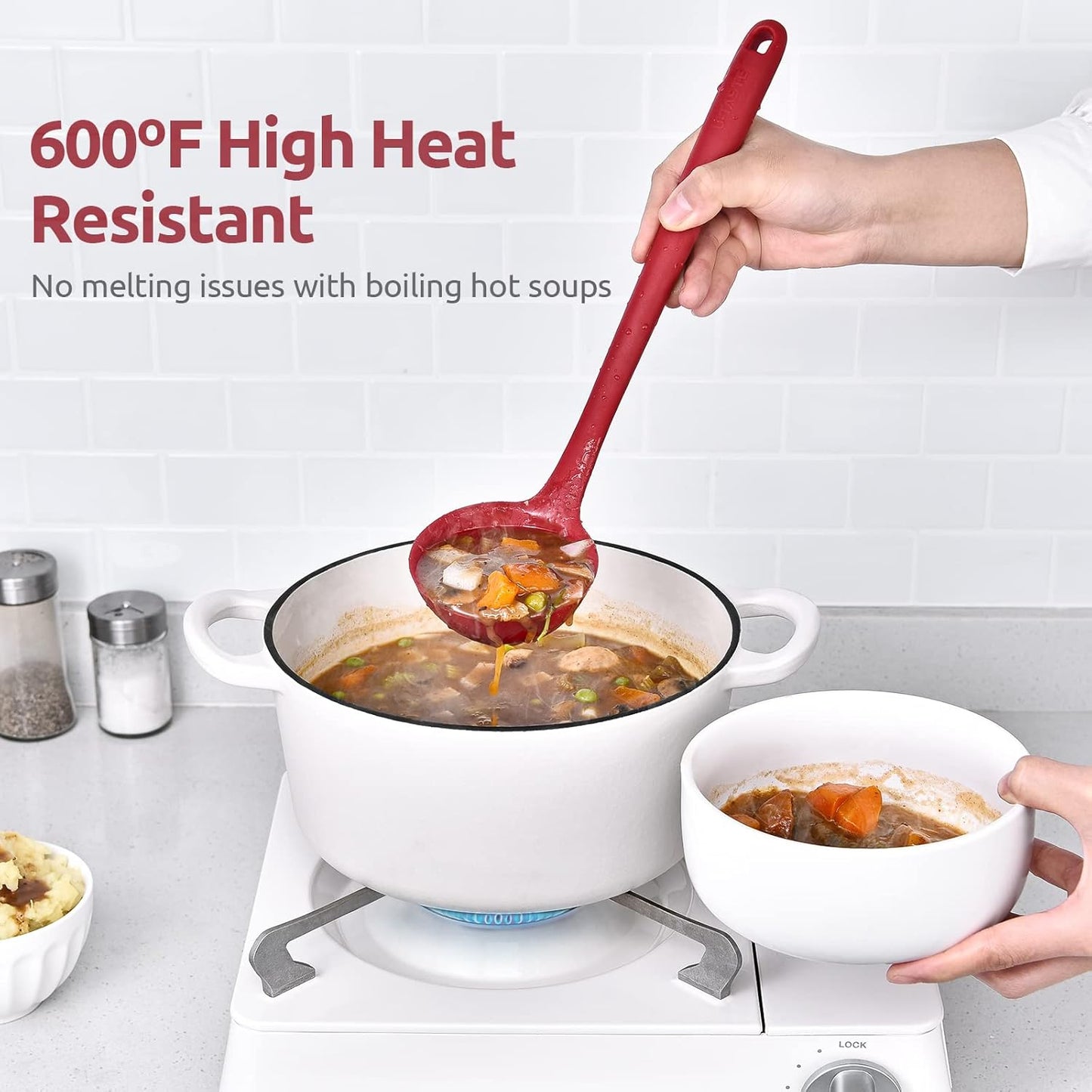 13 inch Silicone Soup Ladle: U-Taste 600ºF Heat Resistant 4 oz Large Non-stick Seamless Rubber Kitchen Deep Serving Spoon with Non Slip Solid Long Handle for Cooking Sauce/Stews/Gravies/Chili (Red)
