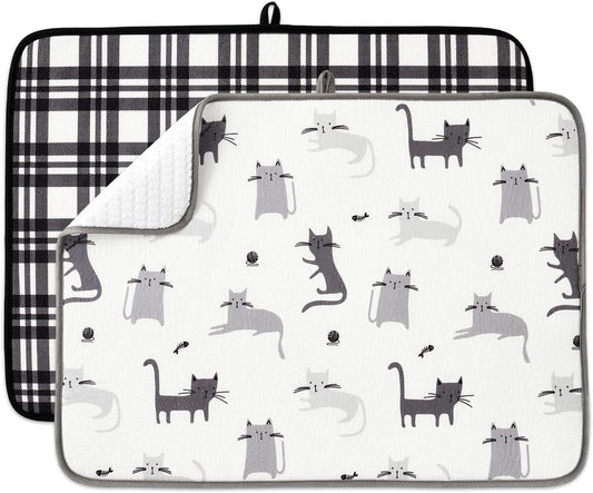 FRESHMINT Printed Dish Drying Mats for Kitchen Counter 2 Pack Absorbent Reversible Drying Mats Microfiber Kitchen Countertop Protector Dishes Drying Pad Extra Large 18"x24" Dish Mat