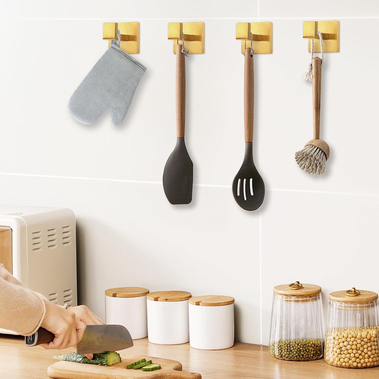 IBosins 4 Pack Towel Hooks Hand Towel Holder for Bathroom Wall Livingroom Bedroom Kitchen Closet Heavy Duty Stainless Steel Hook Hanger for Robe, Bath Towel, Coat (Square Brushed Gold)