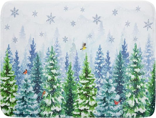 Winter Forest Dish Drying Mats - Snowflake Birds Dish Drainer Mat 18x24 Welcome Christmas Dish Draining Mat Watercolor Wildlife Tree Drying Pad for Kitchen Counter Sink