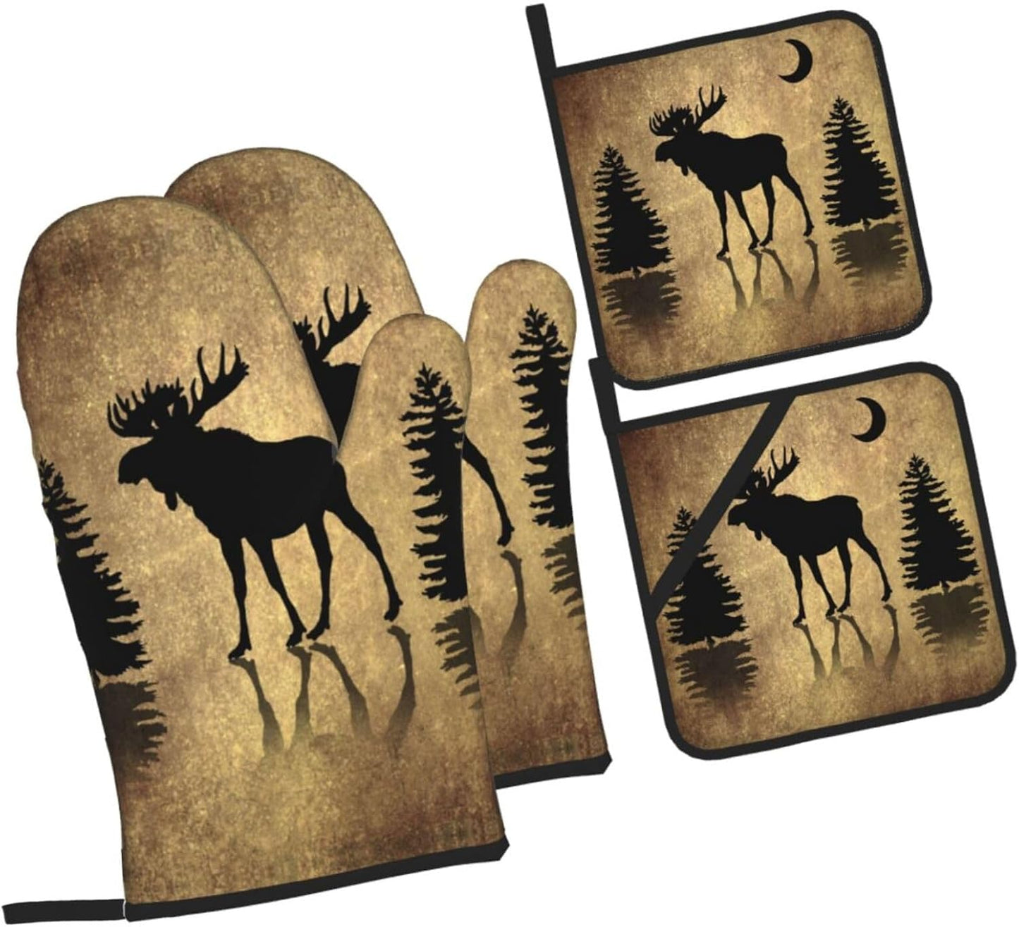 Rustic Elk Moose Deer Forest Pine Tree Moon Design Oven Mitts and Pot Holders Sets of 4 High Heat Resistant Vintage Animal Oven Mitts Oven Gloves and Hot Pads Potholders for BBQ Cooking Mitts