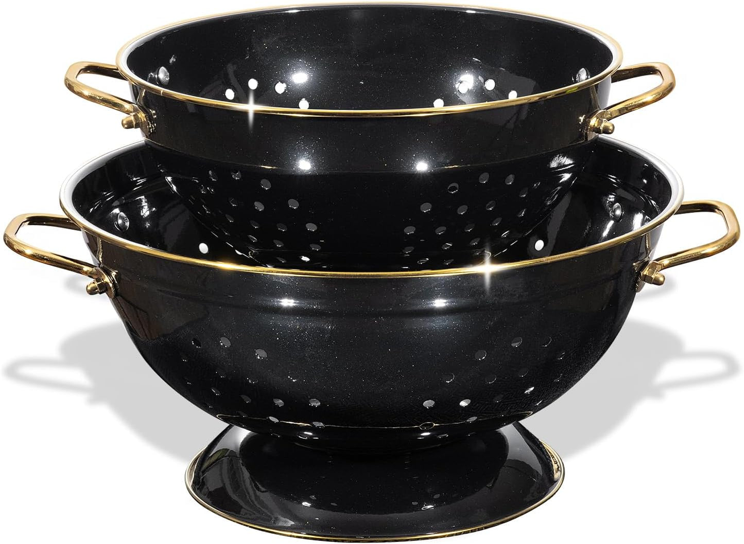 Metal Colander 2 Pack, 3.5 Quart Powder Coated Self-draining Solid Ring Base Metal Large Kitchen Pasta Vegetable Fruit Strainer with Handle (L-BLACK)