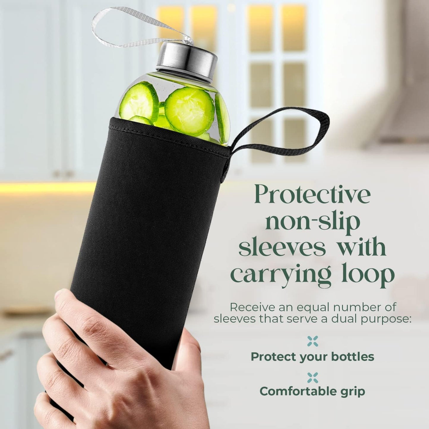 18oz Glass Water Bottles – Pack of 12 Nylon Protective Sleeves, Airtight Screw Top Lids, Portable Carrying Loops - Lead, PVC and BPA Free - Water, Milk, Smoothie, Juice Beverage Glasses