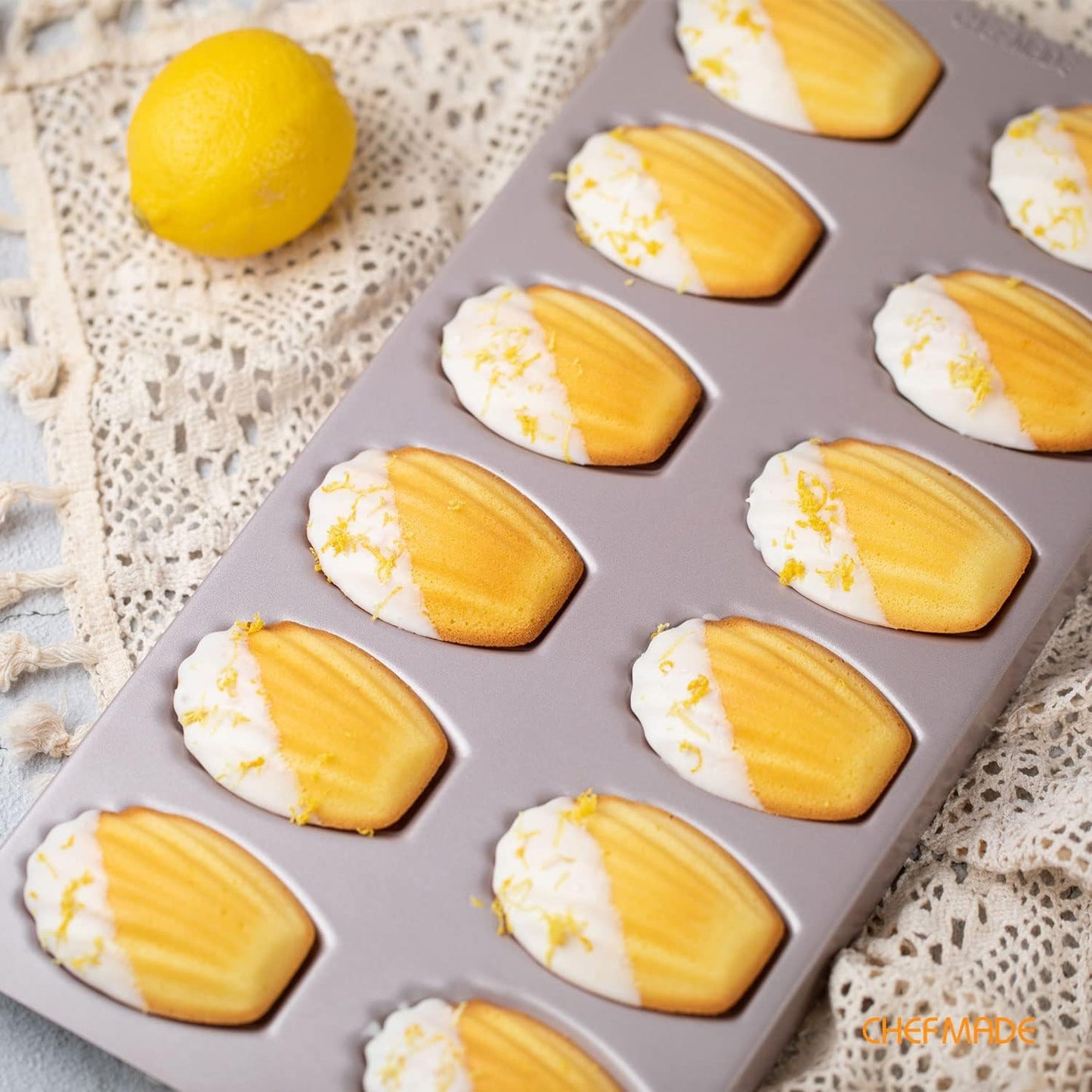 CHEFMADE Madeleine Mold Cake Pan, 12-Cavity Non-Stick Oval Shell Madeline Bakeware for Oven Baking (Champagne Gold)