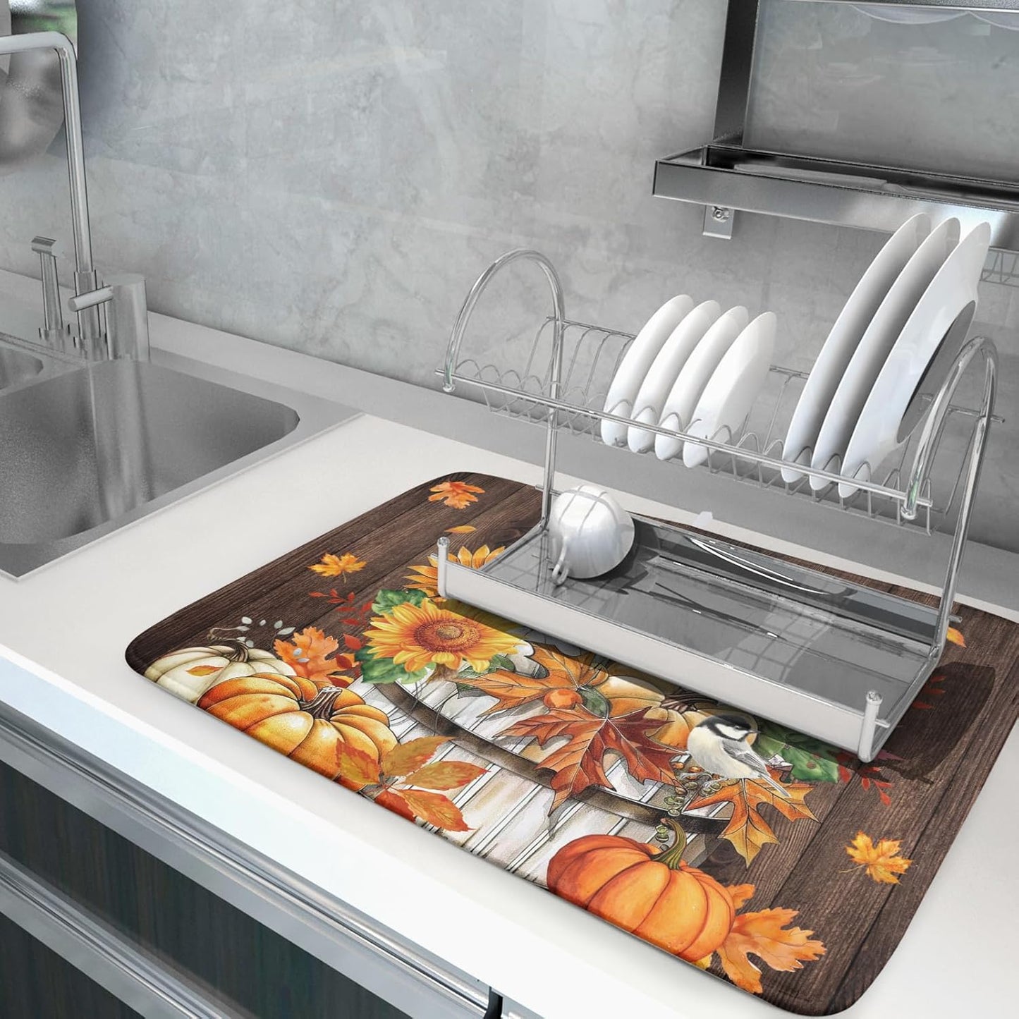 Fall Pumpkin Dish Drying Mat for Kitchen Counter Decor 18x24 Inch Halloween Thanksgiving Dish Drainer Mats Absorbent Reversible Dishes Pad