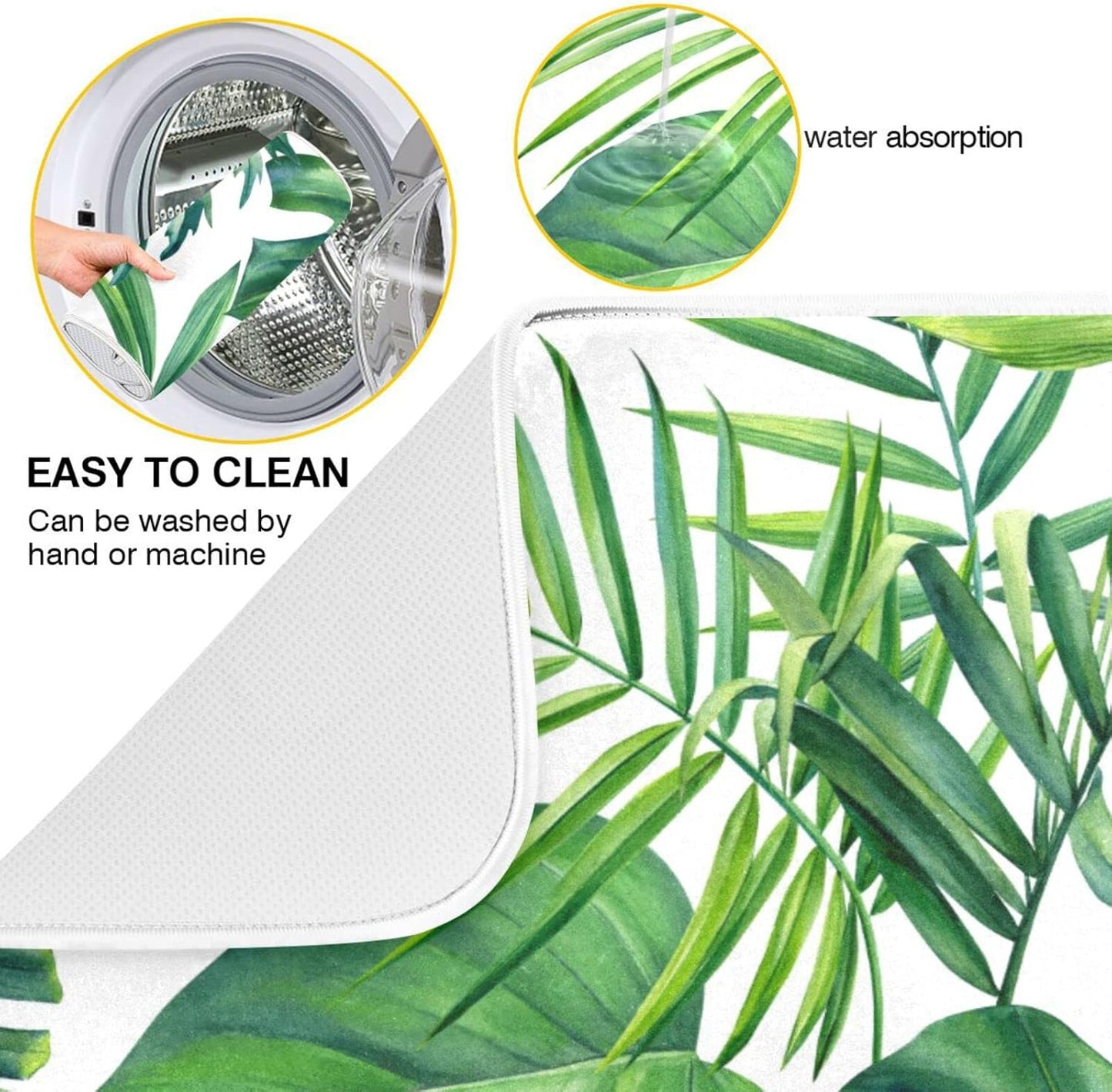 Tropical Palm Leaves Dish Drying Mat for Kitchen Counter Green Monstera Leaf Absorbent Microfiber Drying Pad, Large 18x24 in, Reversible Drainer Mats