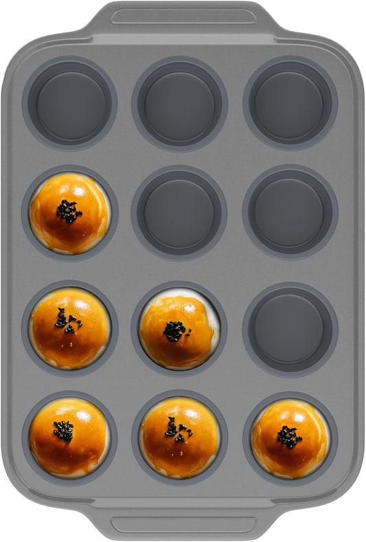 The Muffin Pan With Metal Frame & Foldable Sillicone Cups, Sturdy and Nonstick Muffin Pan Food Grade Silicone Molds (Grey, 1 Pack)