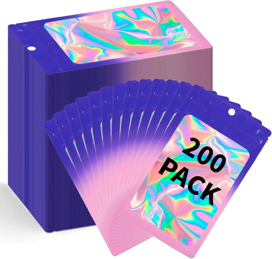200 Pack Resealable Mylar Holographic Bags Food Storage Smell Proof Bags with Front Window Foil Packaging Pouch for Candy Sample Jewelry Small Business 4.13×5.91 Inch, Blue Fade Purple