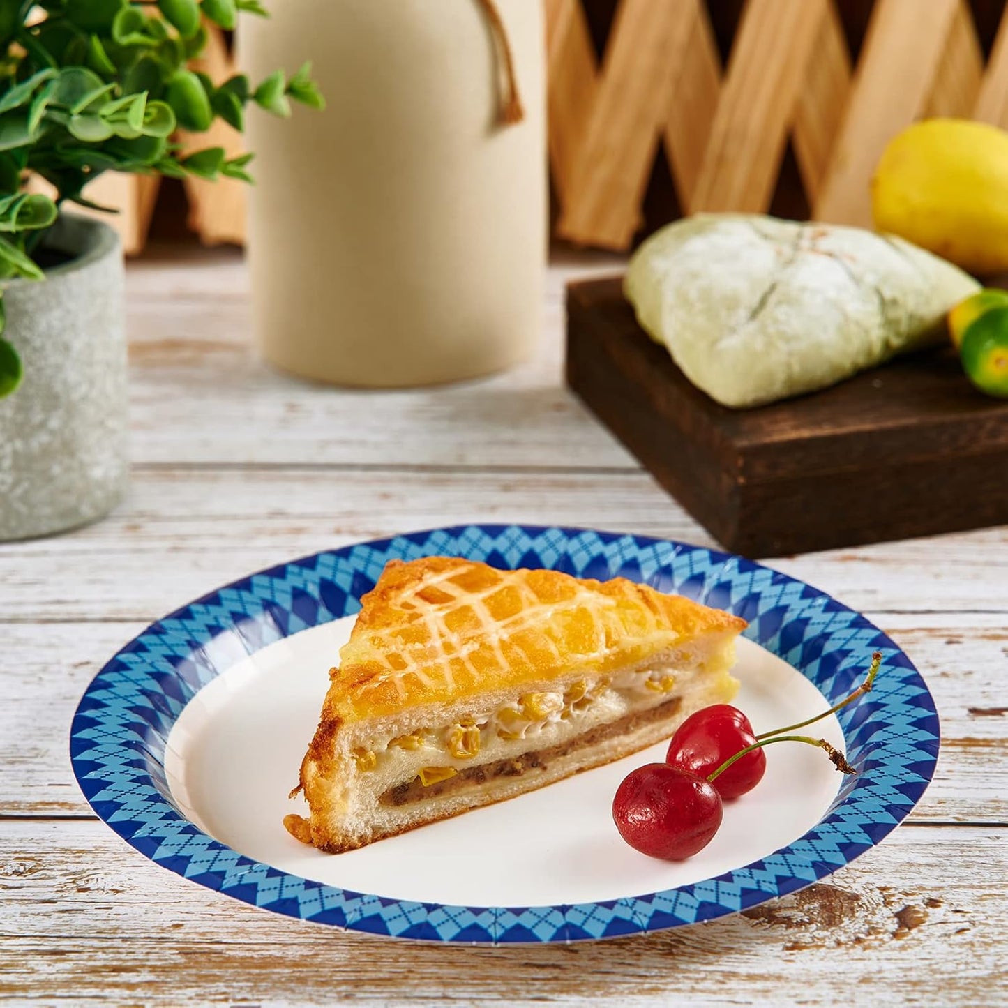 JOLLY PARTY 8.37 inch Disposable Paper Plates, 300 Count Dinner Plates, Soak Proof, Cut Proof for Everyday Use, Navy Diamond Pattern Rim Design