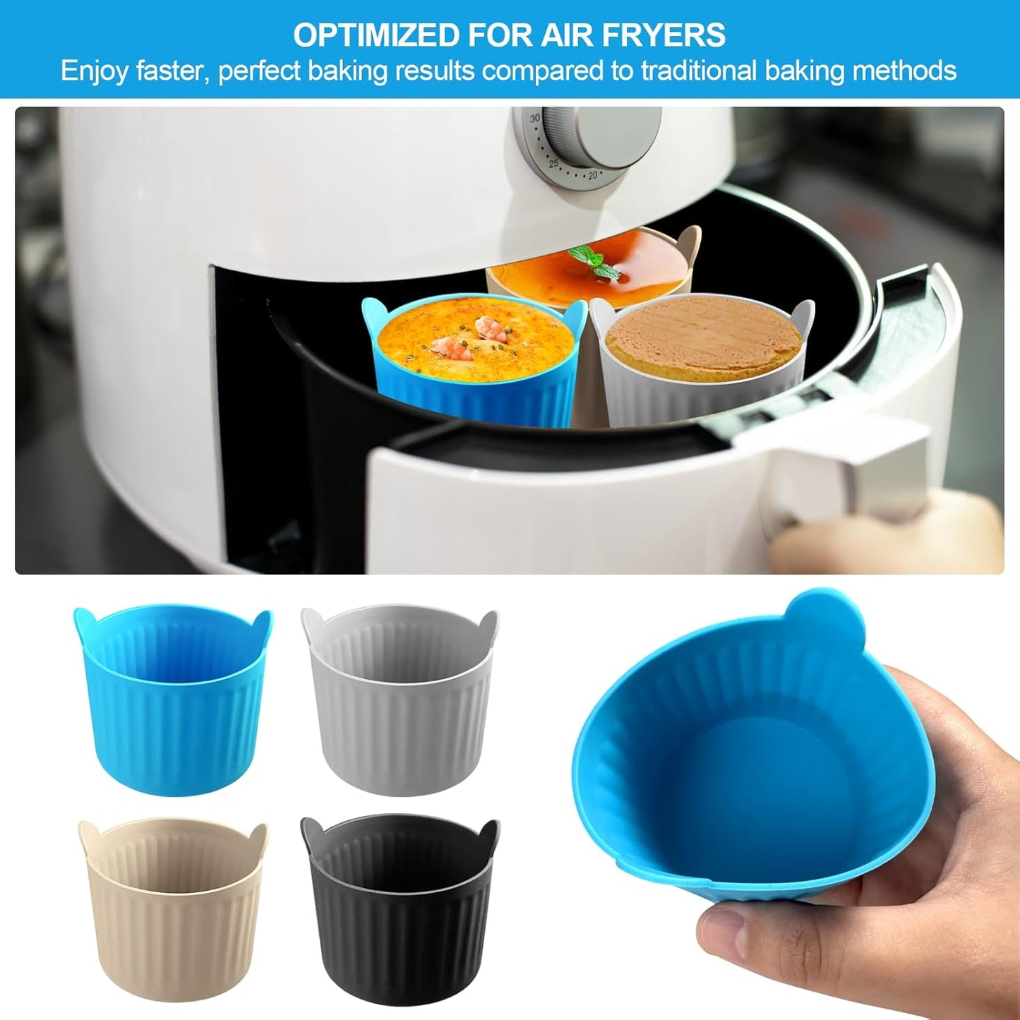 8 Pcs Air Fryer Baking Ramekins Premium Food-Grade Silicone Mold Cups Non-Stick Air Fryer Accessories Air Fryer Egg Molds for Eggs, Cupcakes, Muffins, Puddings, Tarts, Custards