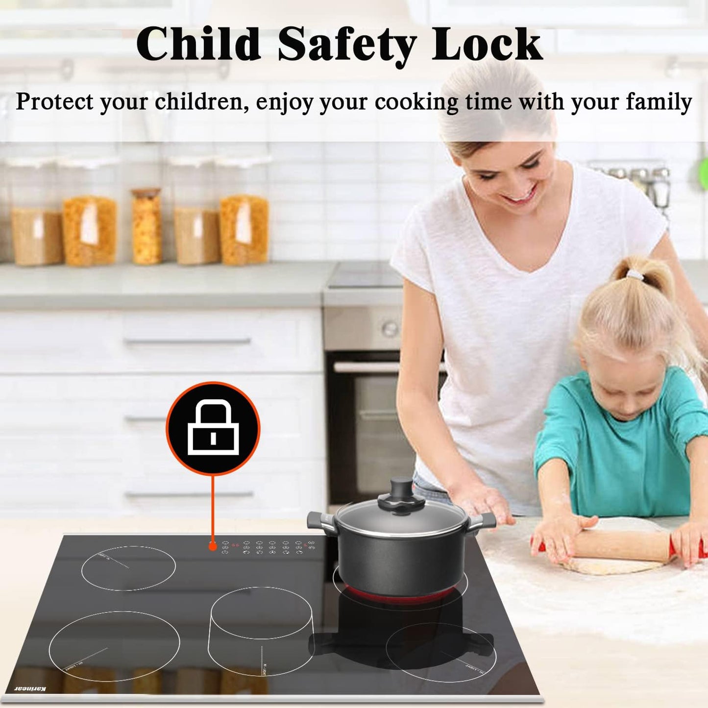 Karinear 30 Inch Electric Cooktop 30 Inch 5 Burners Electric Stove Ceramic Cooktop, Drop-in Electric Radiant Cooktop with Front and Back Metal Frame, Lock, Timer, 8400W, 220-240V, Hard Wire, No Plug