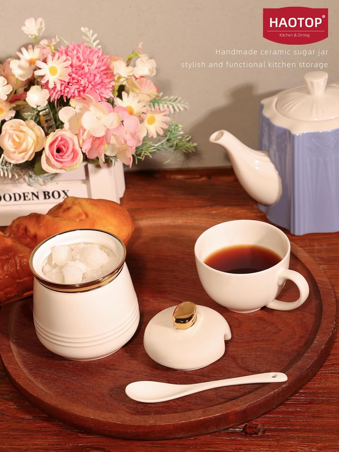 HAOTOP 12oz Sugar Bowl with Lid and Spoon,Simple Ceramic Sugar Jar Sugar Container Sugar Dispenser Coffee Bar Accessories, Modern Kitchen Countertop Canisters, White