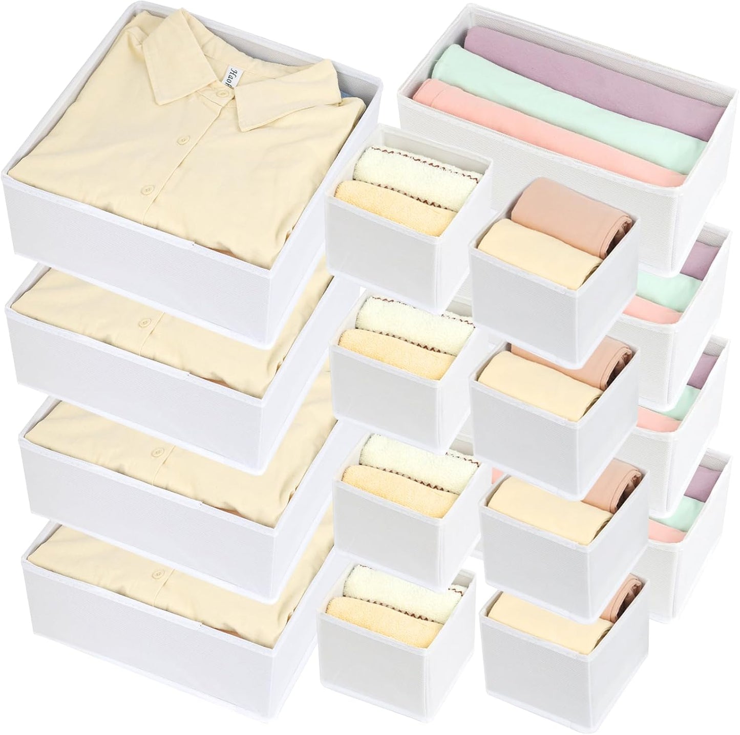 16 Pcs Drawer Organizer,Fabric Closet Organizer and Storage Baskets,Foldable Drawer Divider for Clothing,Sock,Ties,Underwear Drawer Organizers,Cabinet Storage Boxes (White)