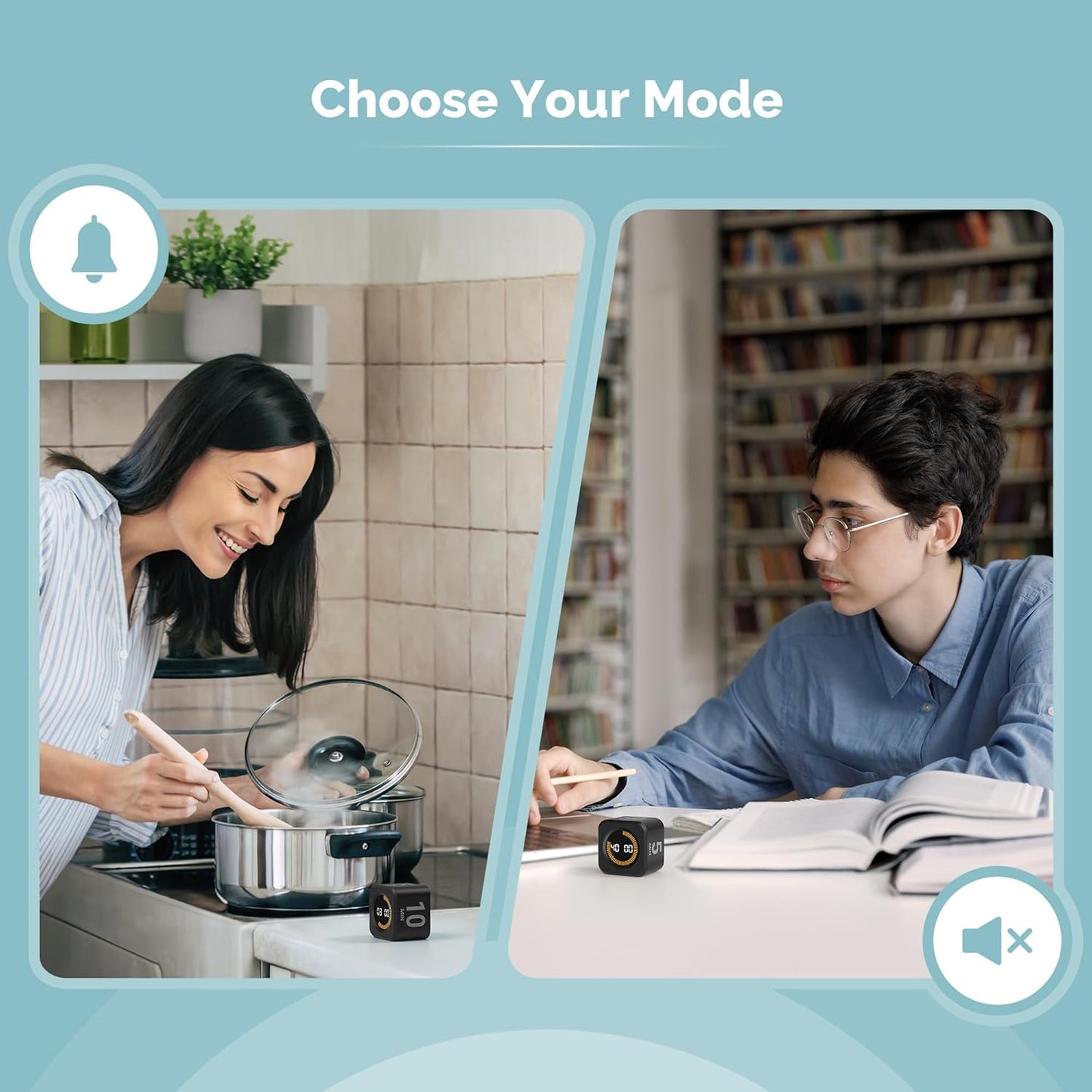 KADAMS Pomodoro Cube Timer Productivity Visual Timer - 5/10/25/50 Min Rotating Countdown, Customize Countup Silent Mode- for Work Study Cook Workout Kitchen Back to School Classroom (Black 2 Pack)