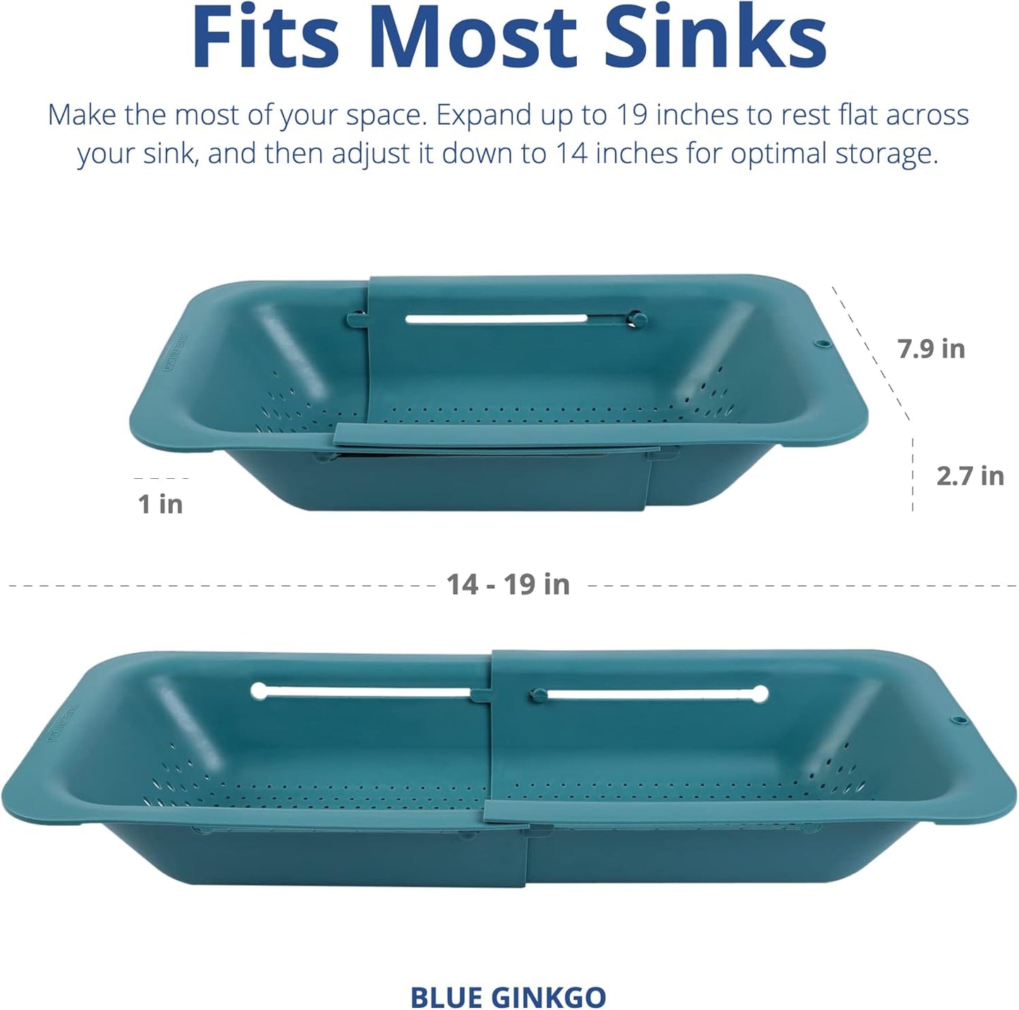 BLUE GINKGO Sink Colander Baskets - (Pack of 2) Wash Vegetables and Fruits, Drain Cooked Pasta and Dry Dishes - Extendable - New Home Kitchen Essentials (2 Teal)