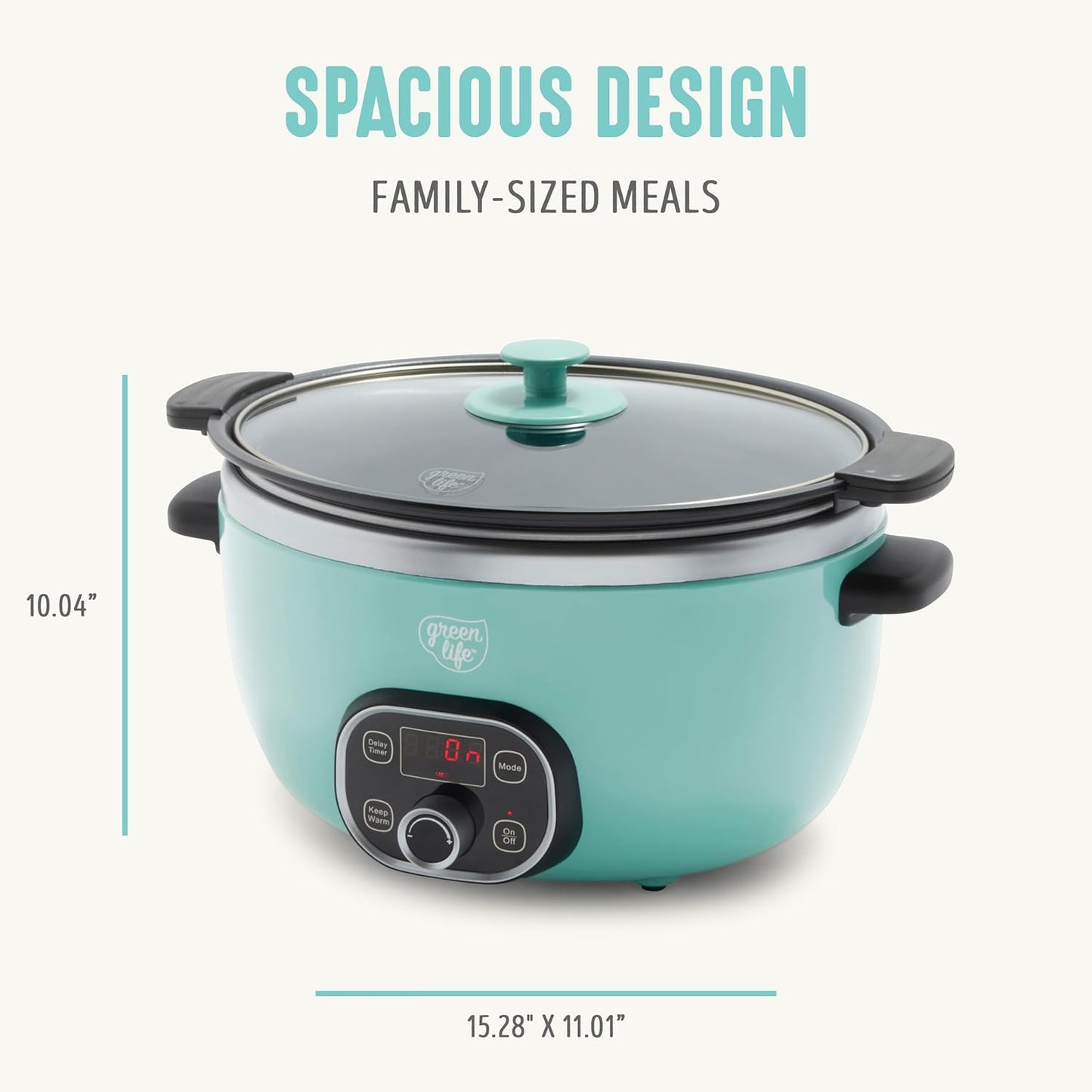 GreenLife 6 Quart Ceramic Slow Cooker, PFAS-Free, Programmable, Removable Healthy Nonstick Pot for Family Meals, Sear on Stovetop, Keep Warm, Digital Timer, Dishwasher Safe Glass Lid, Turquoise