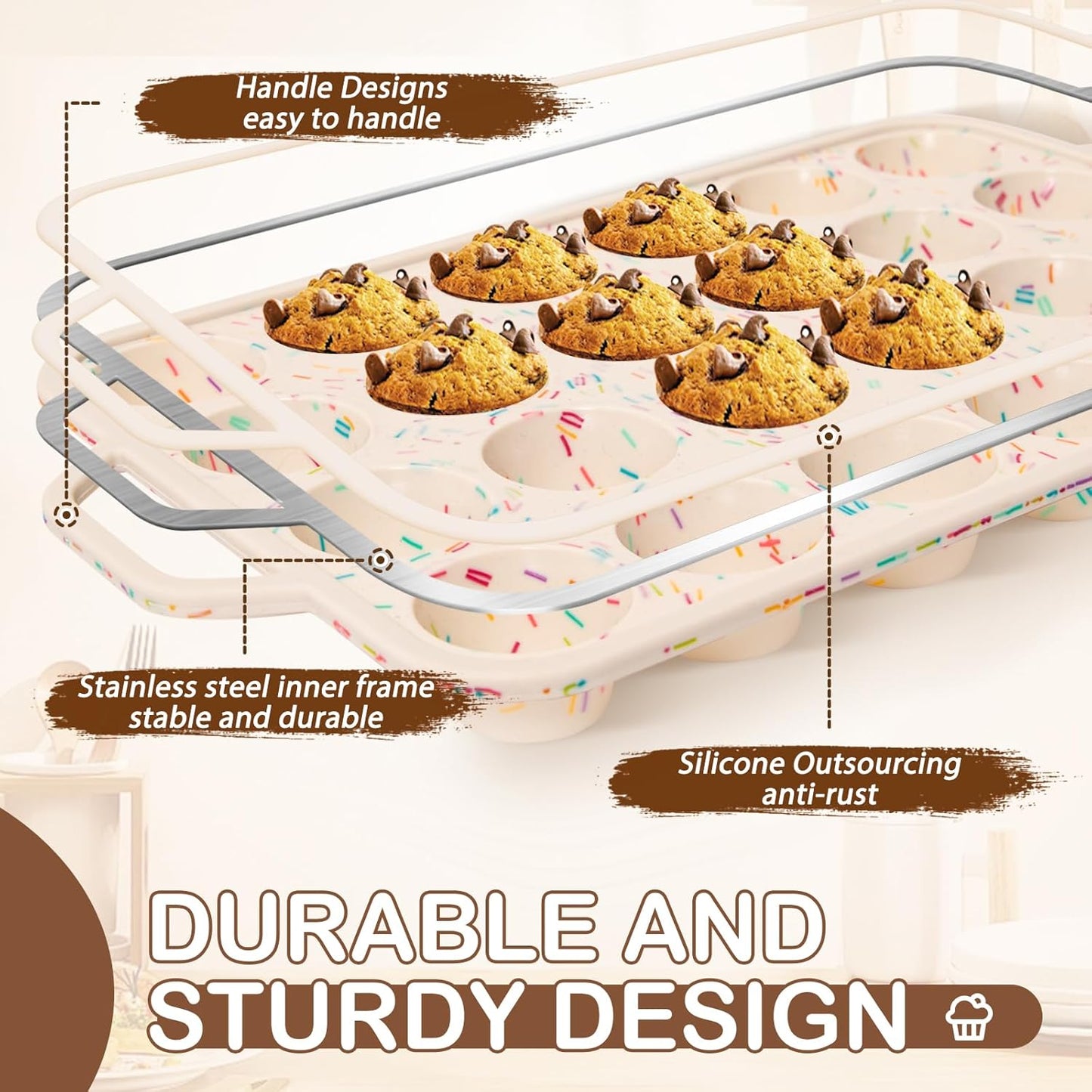 Silicone Mini Muffin Pan, 24 Cups Muffin Tin Baking Mold With Reinforced Stainless Steel Frame Inside, Nonstick Bakeware Cupcake Pan BPA Free