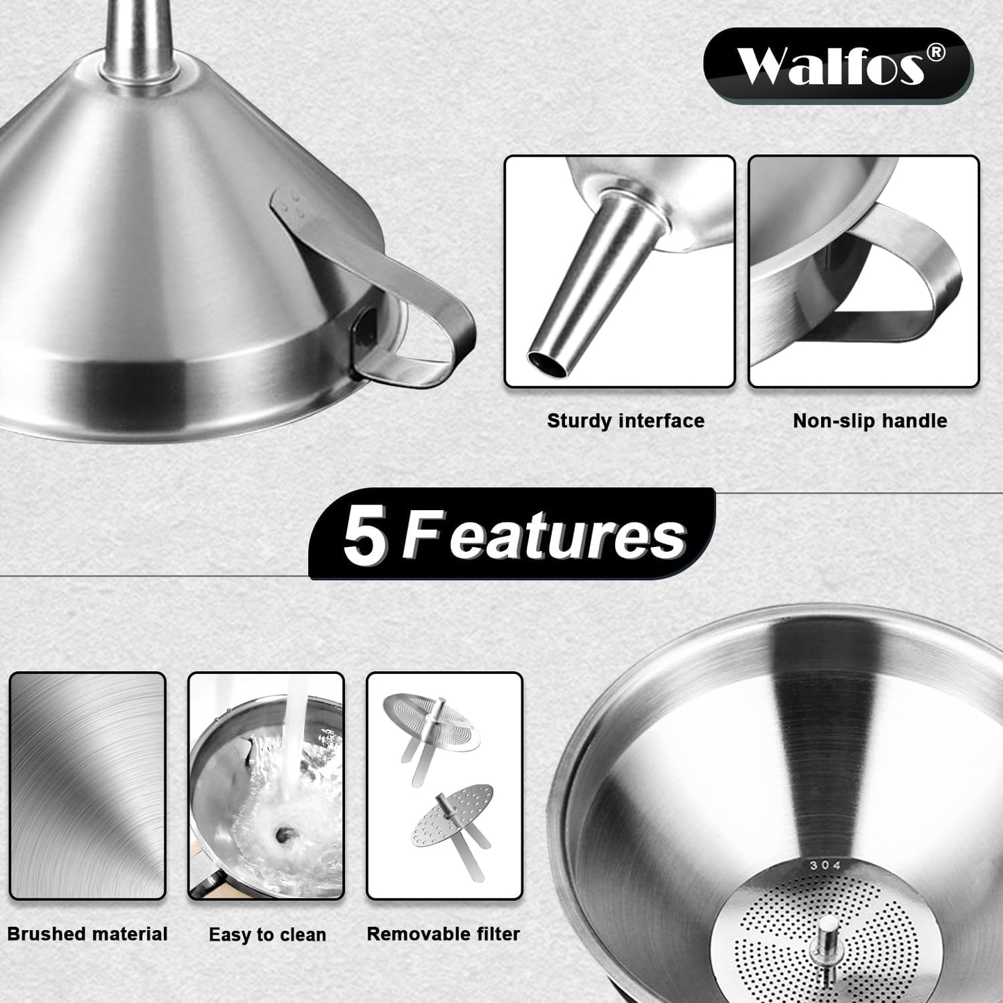 Stainless Steel Funnel, Walfos 4 Pack(4in、3 in、2.2 in、1.7in Kitchen Funnel with 2 Removable Strainer ＆ 1Pcs Cleaning Brush, Perfect for Transferring of Liquid, Oils, Jam, Dry Ingredients & Powder