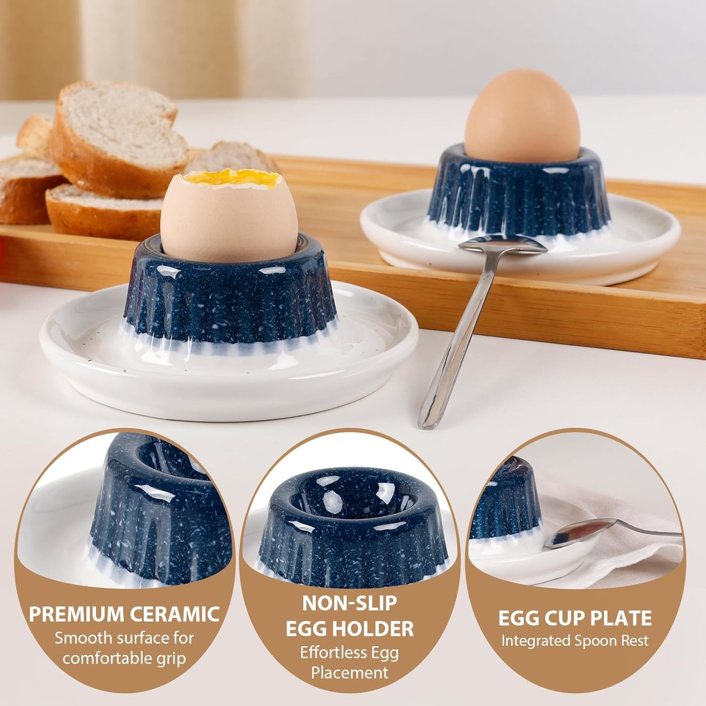 INGOFIN 2 Pcs Ceramic Egg Cups, Soft Boiled Egg Holders Set, Classic Porcelain Stackable, Easy to Clean Tray, Decorative Serving Dish for Breakfast, Easter or Kitchen, Starry Blue&Beige