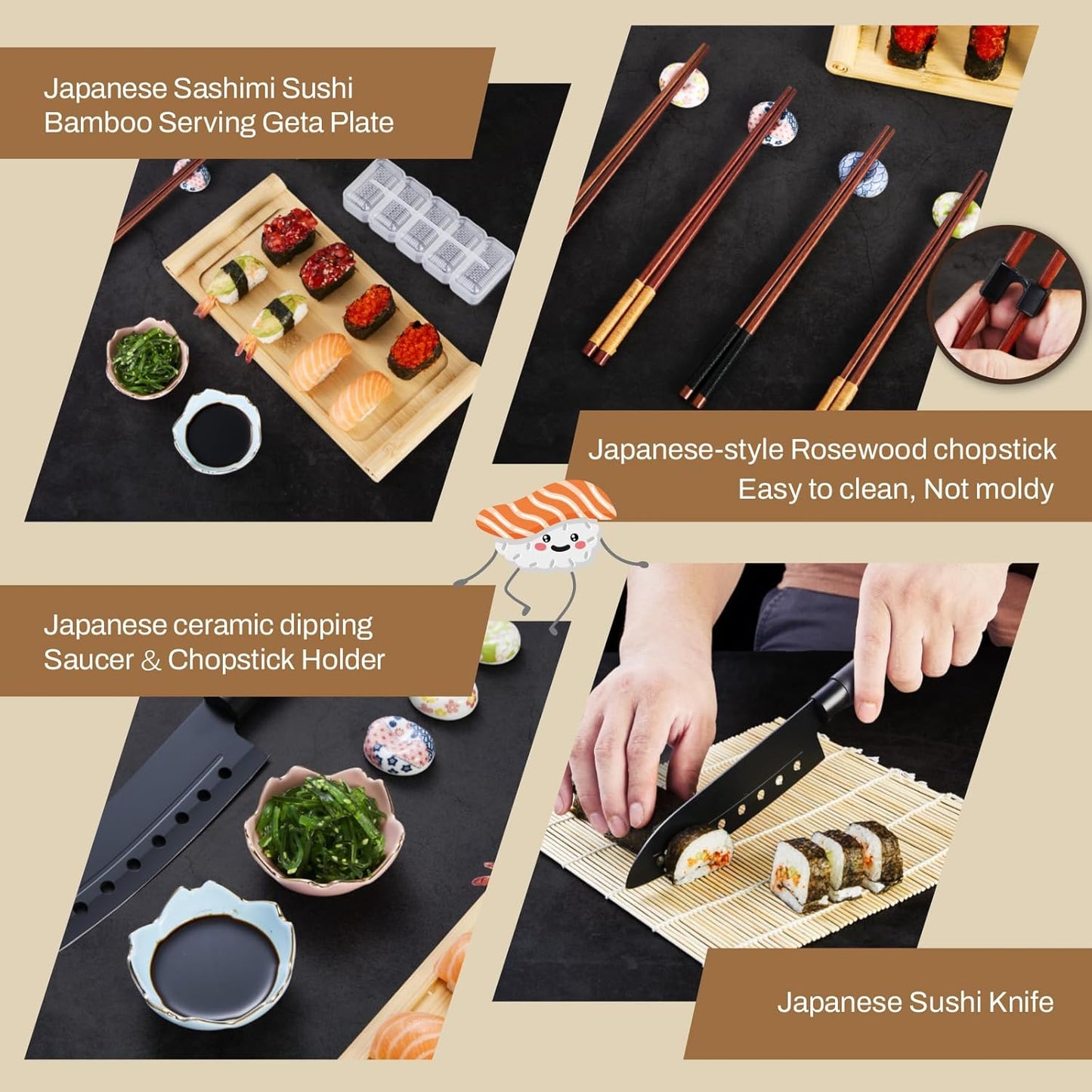 Deluxe Sushi Making Kit 25-in-1 Bazooka Roller Set, Bamboo Mat,Knife,Sauce Tray,Japanese Sashimi Sushi Bamboo Serving Geta Plate,and More - Perfect for Beginners
